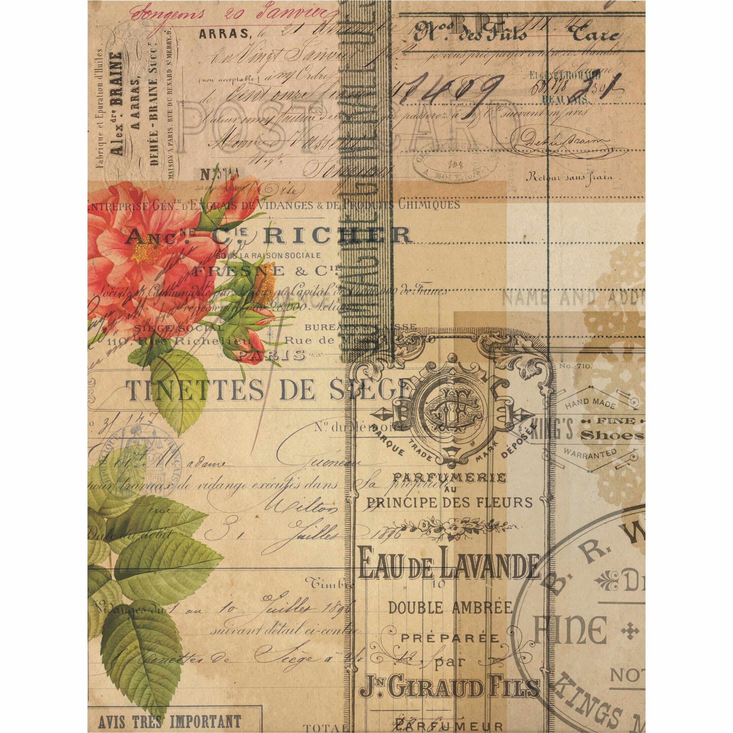 Ephemera Theme Rice Paper- 6 Unique Printed Mulberry Paper Images 30gsm