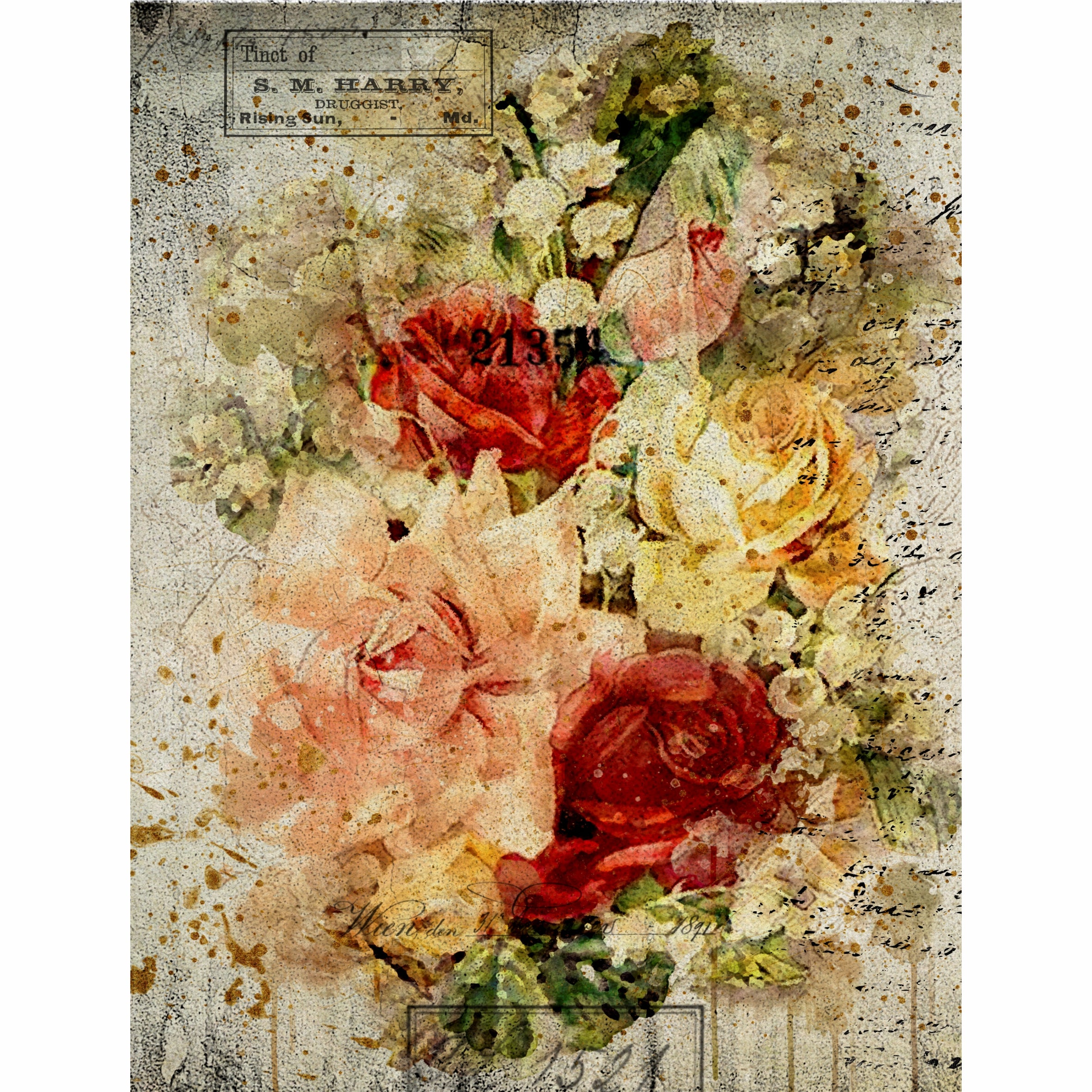 Distressed Bouquet Rice Paper- 6 x Printed Mulberry Paper Images 30gsm