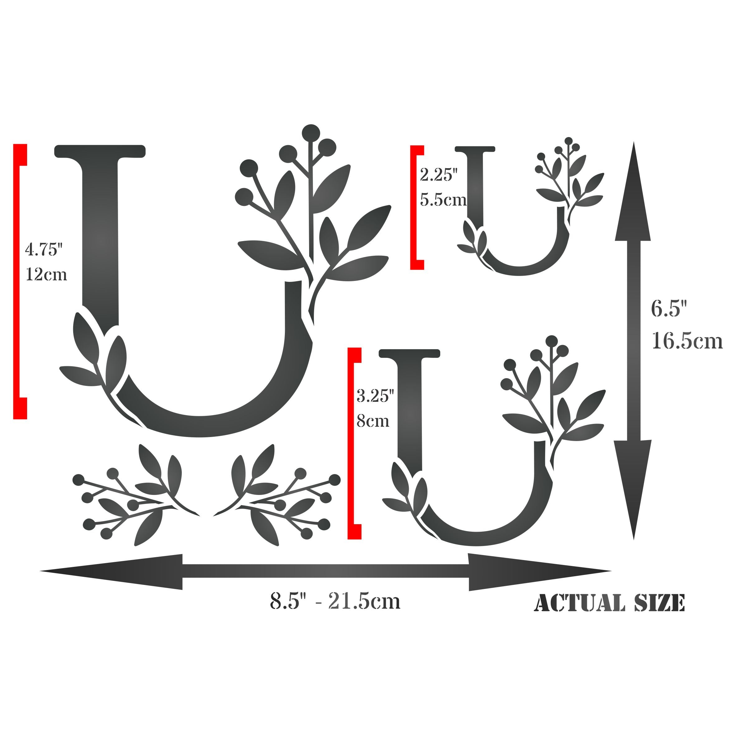 Flower Monogram U Stencil- Leaf Flower Initial 3 Sizes on One Sheet