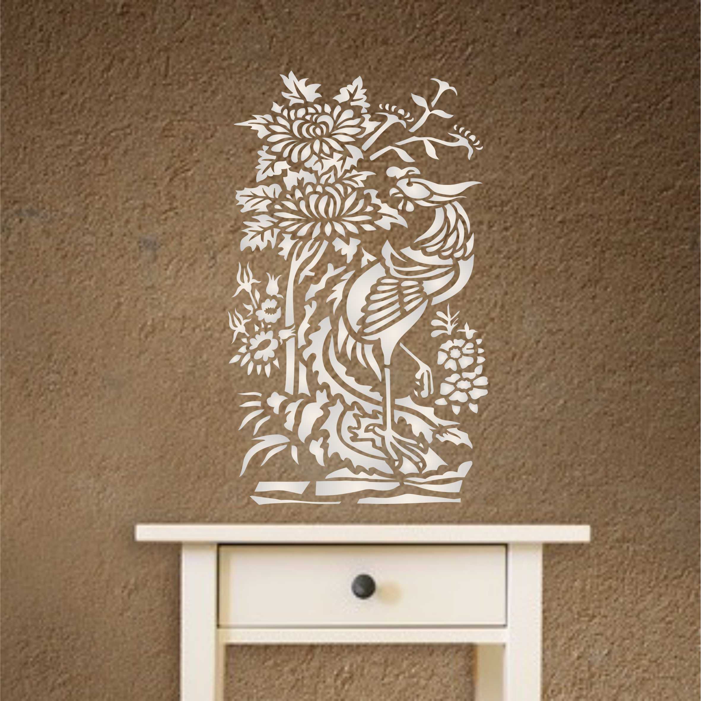 Oriental Pheasant Stencil - Traditional Asian Chinese Bird with Flowers