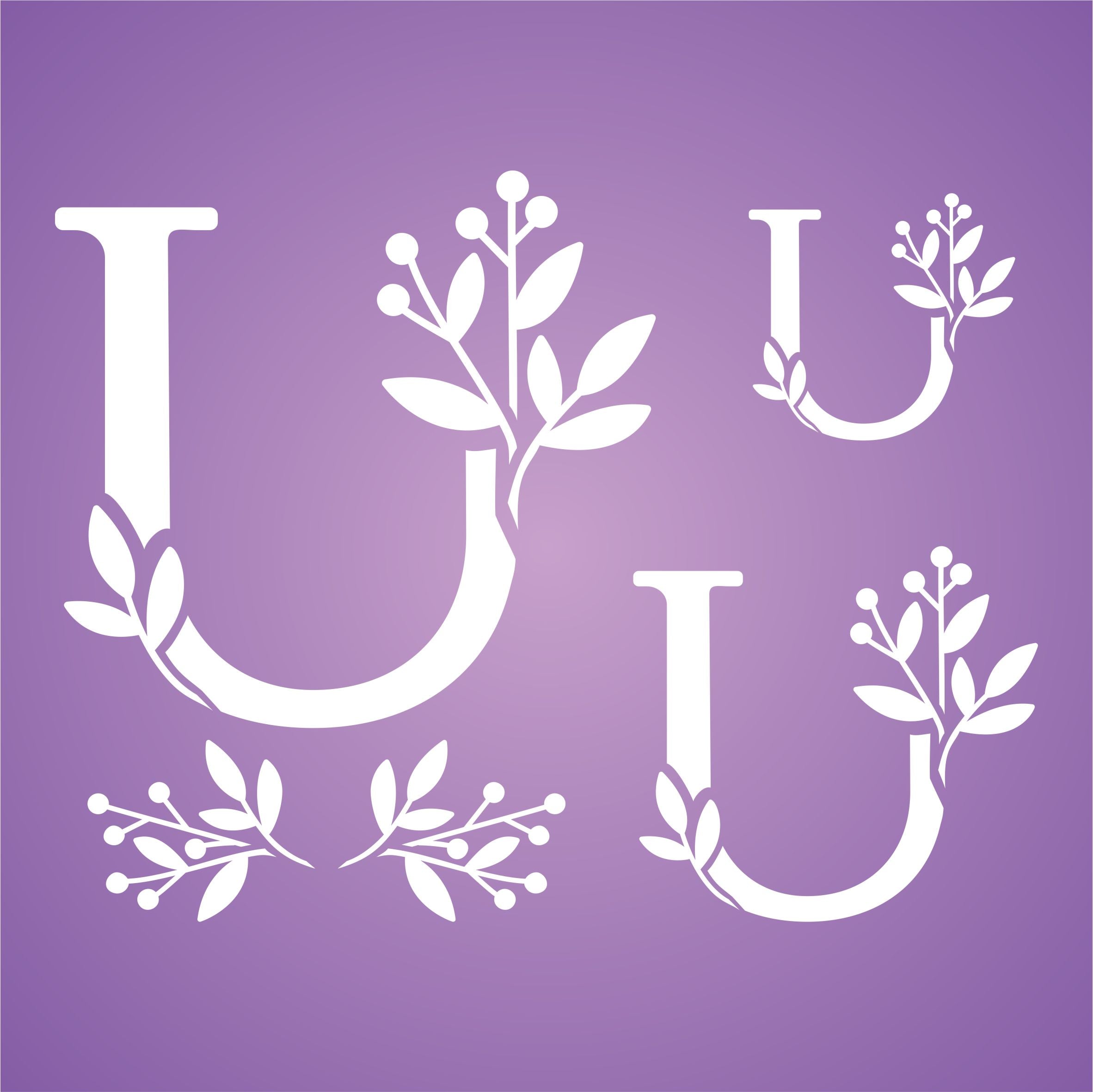 Flower Monogram U Stencil- Leaf Flower Initial 3 Sizes on One Sheet
