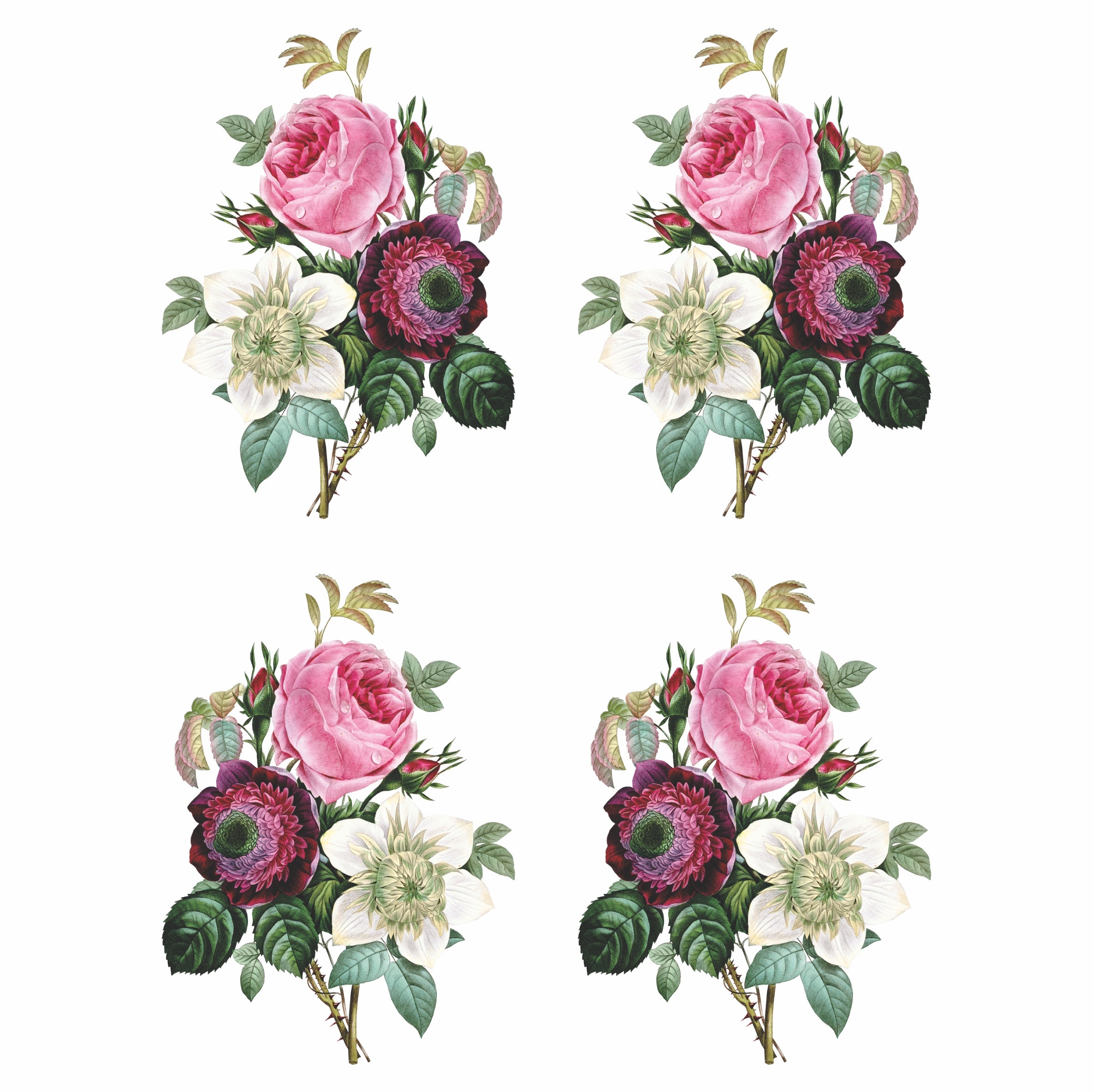 Redoute Roses Bouquet Rice Paper- 6x 1 Bouquet Printed in 2 Sizes on 30gsm