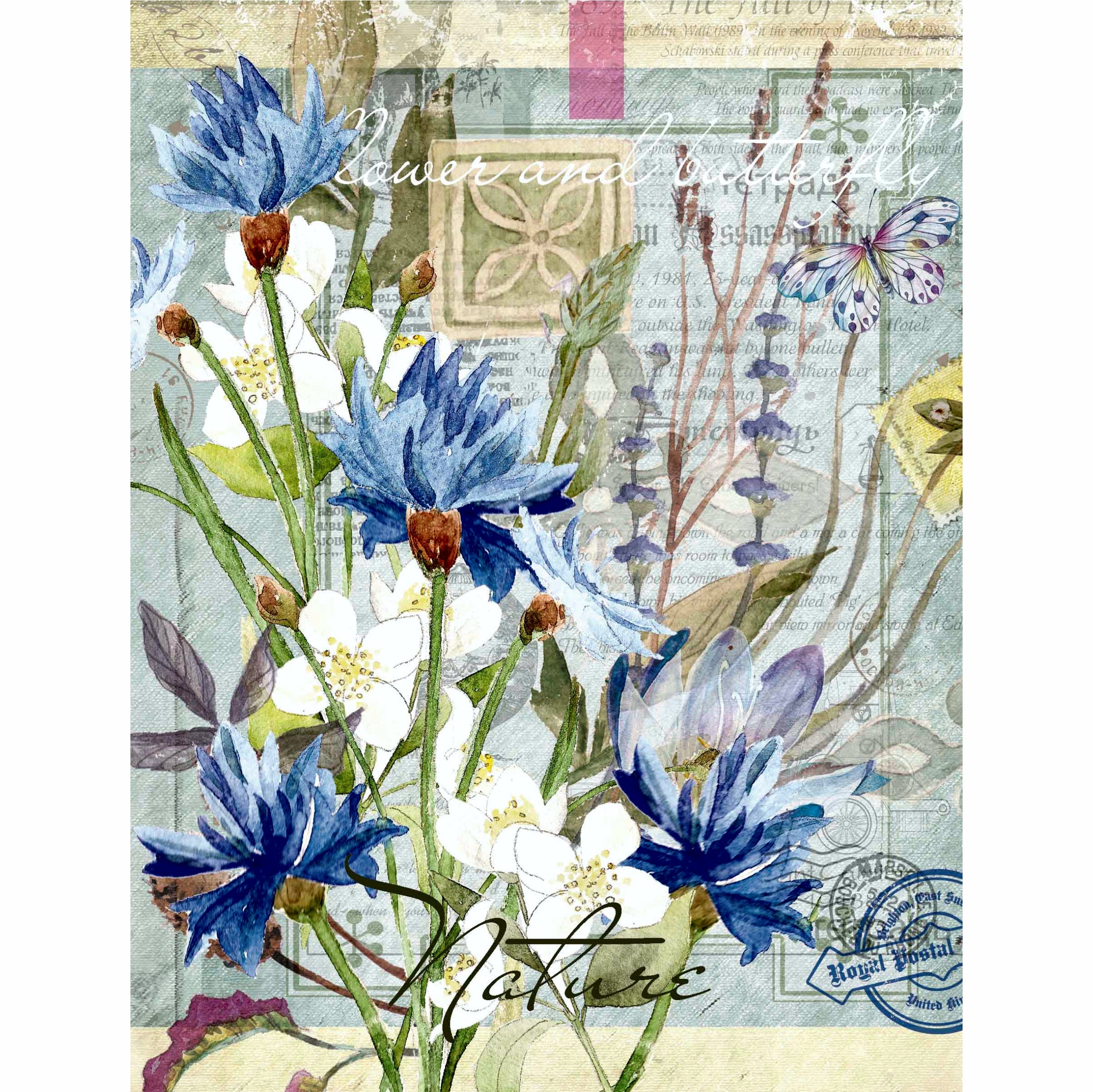 Floral Postcard Rice Paper- 6 x Different Printed Mulberry Paper Images 30gsm