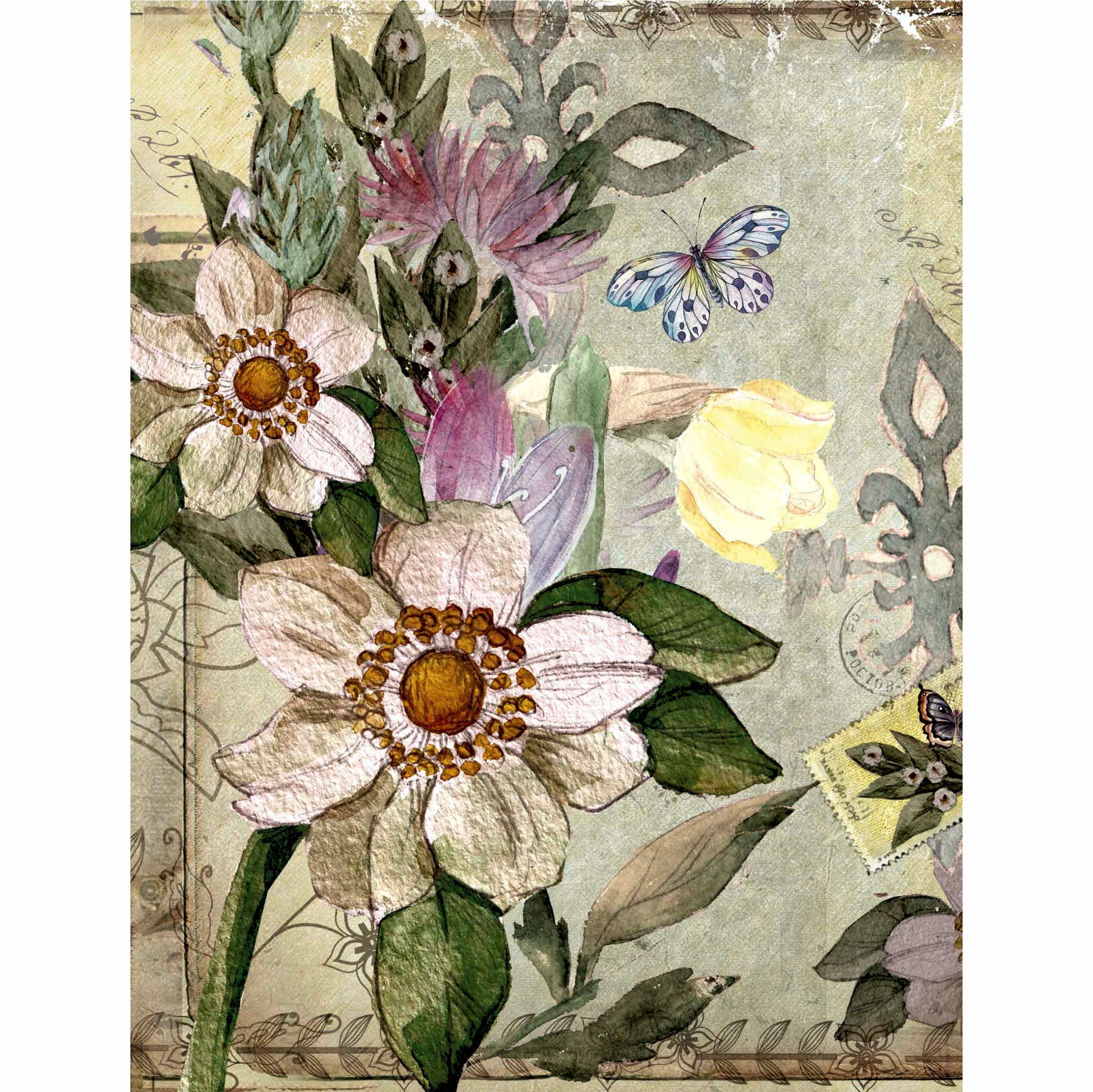 Floral Postcard Rice Paper- 6 x Different Printed Mulberry Paper Images 30gsm