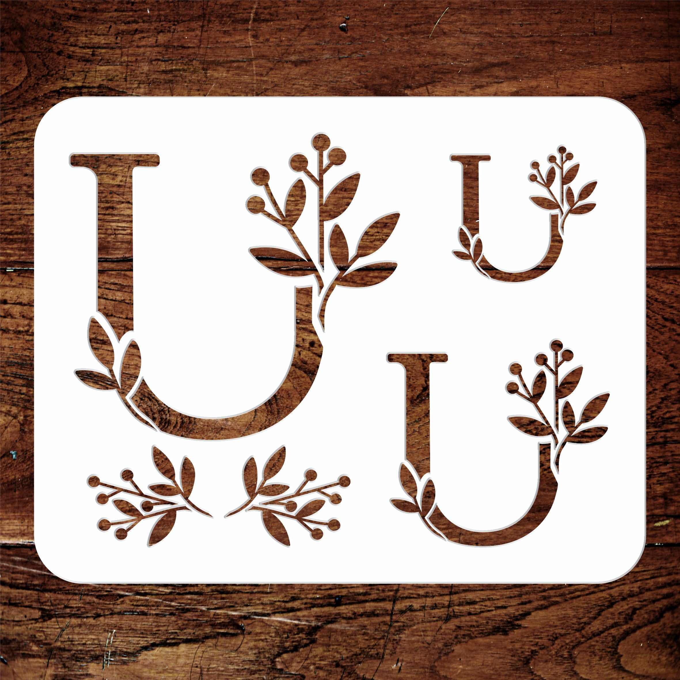 Flower Monogram U Stencil- Leaf Flower Initial 3 Sizes on One Sheet