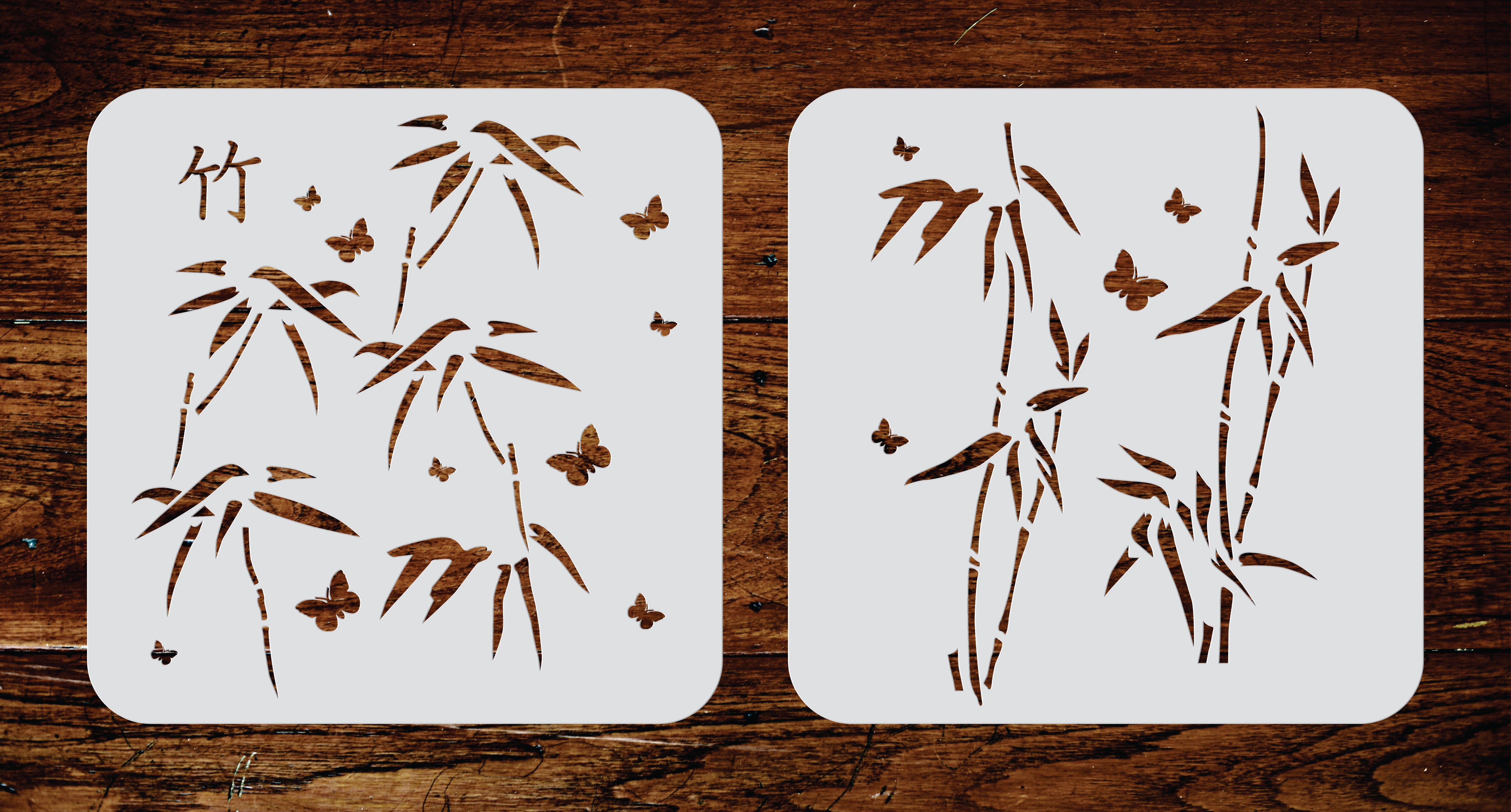 Japanese Bamboo Stencil - Classic Oriental Plant Leaves Butterfly