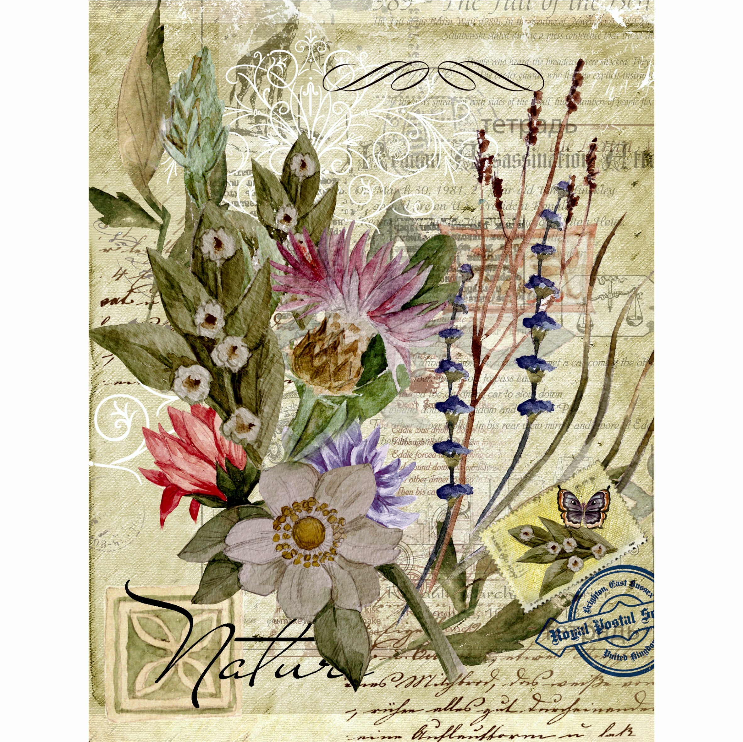 Floral Postcard Rice Paper- 6 x Different Printed Mulberry Paper Images 30gsm