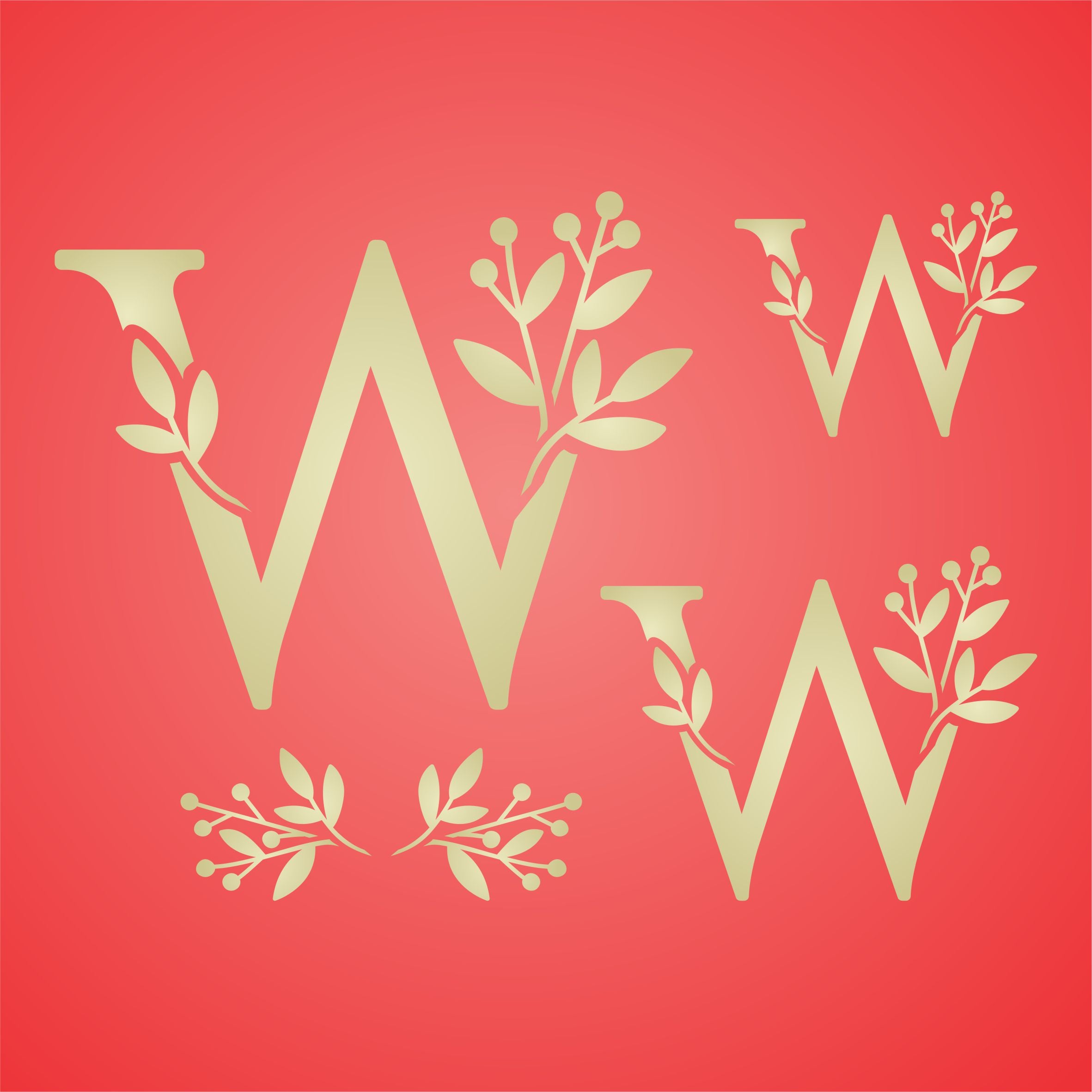 Flower Monogram W Stencil- Leaf Flower Initial 3 Sizes on One Sheet