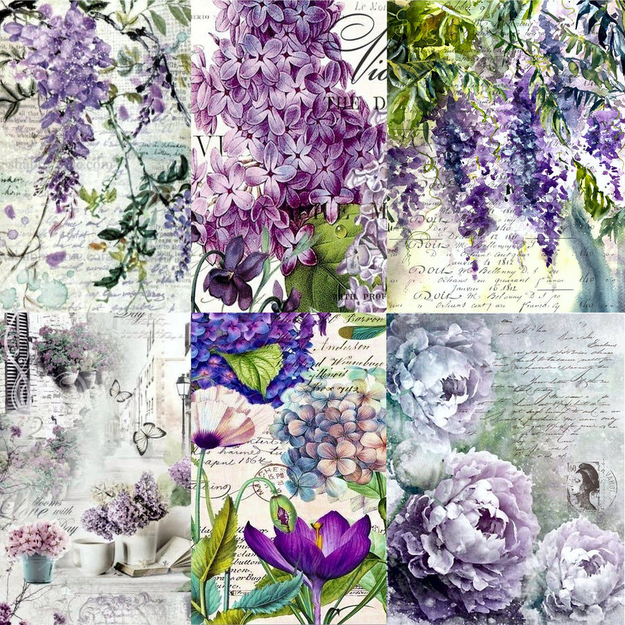 Lilac Theme Rice Paper- 6 x Different Printed Mulberry Paper Images 30gsm