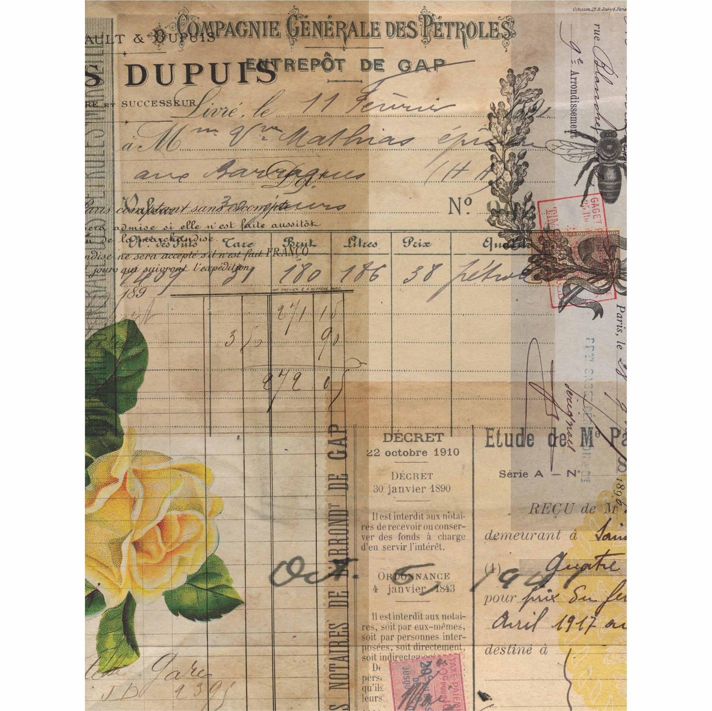 Ephemera Theme Rice Paper- 6 Unique Printed Mulberry Paper Images 30gsm