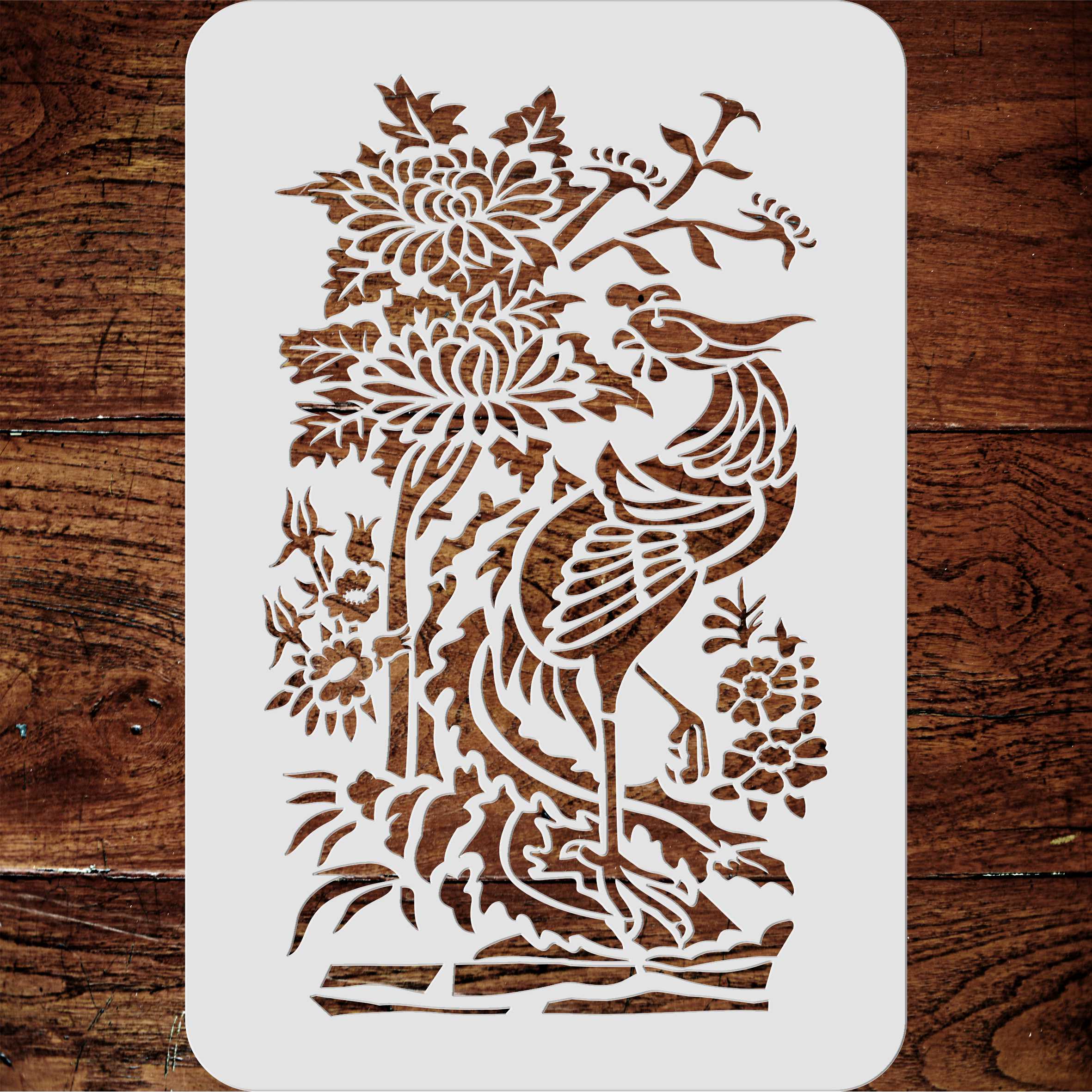 Oriental Pheasant Stencil - Traditional Asian Chinese Bird with Flowers