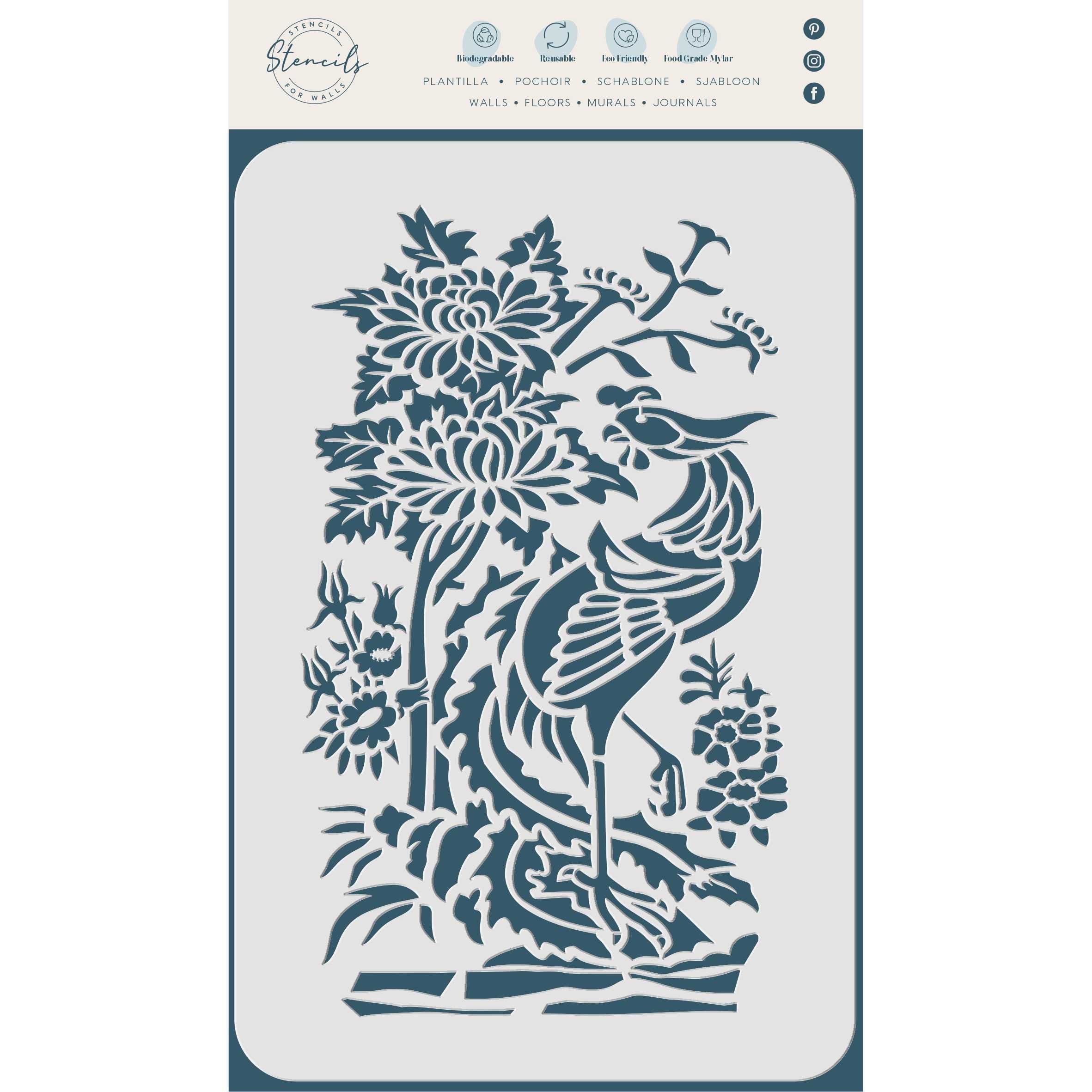 Oriental Pheasant Stencil - Traditional Asian Chinese Bird with Flowers