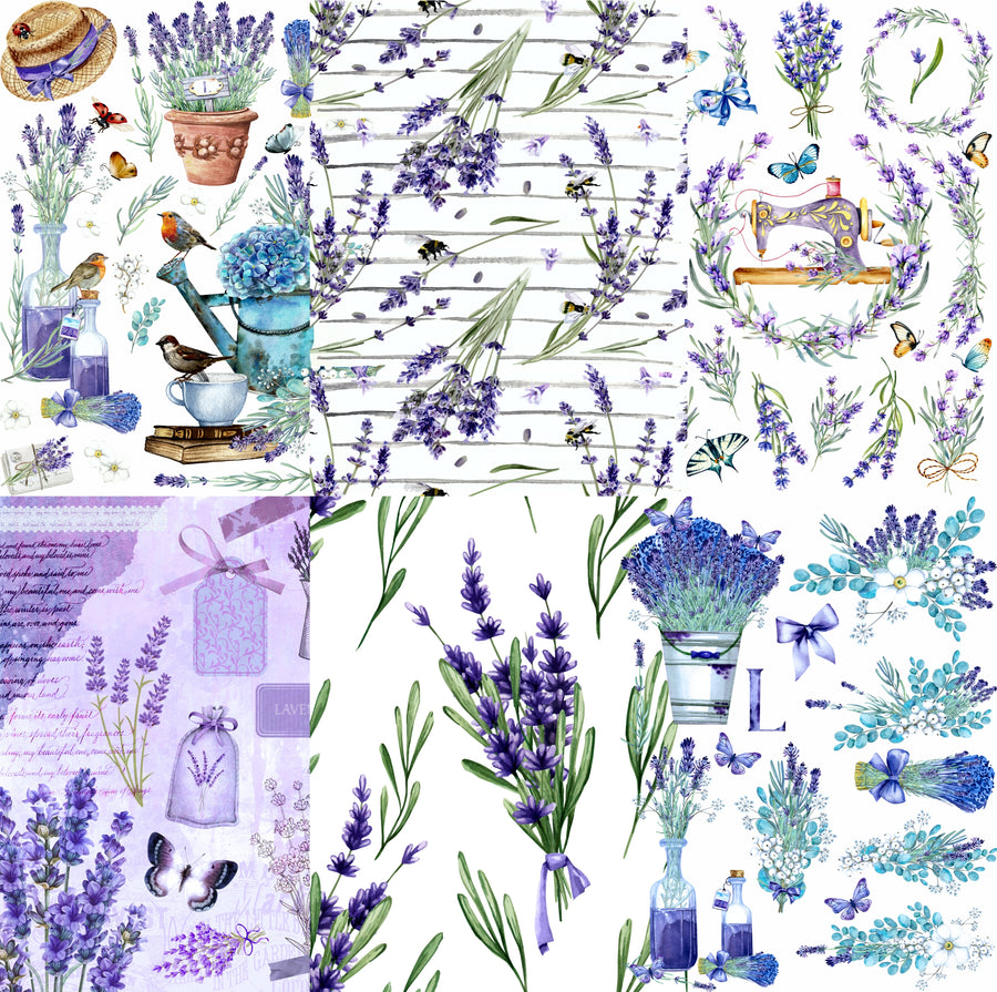 Lavender Theme Rice Paper- 6 x Different Printed Mulberry Paper Images 30gsm