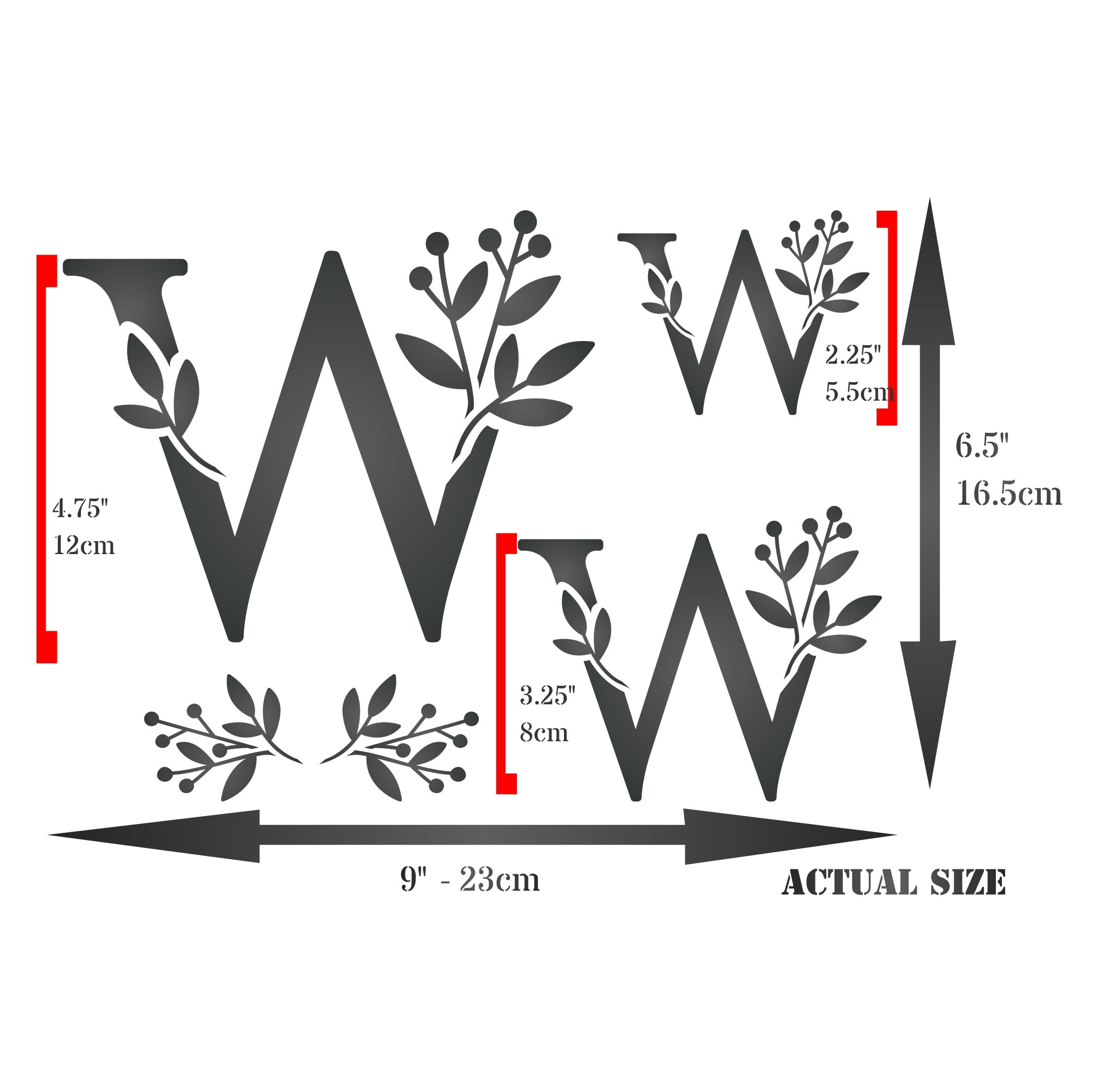 Flower Monogram W Stencil- Leaf Flower Initial 3 Sizes on One Sheet