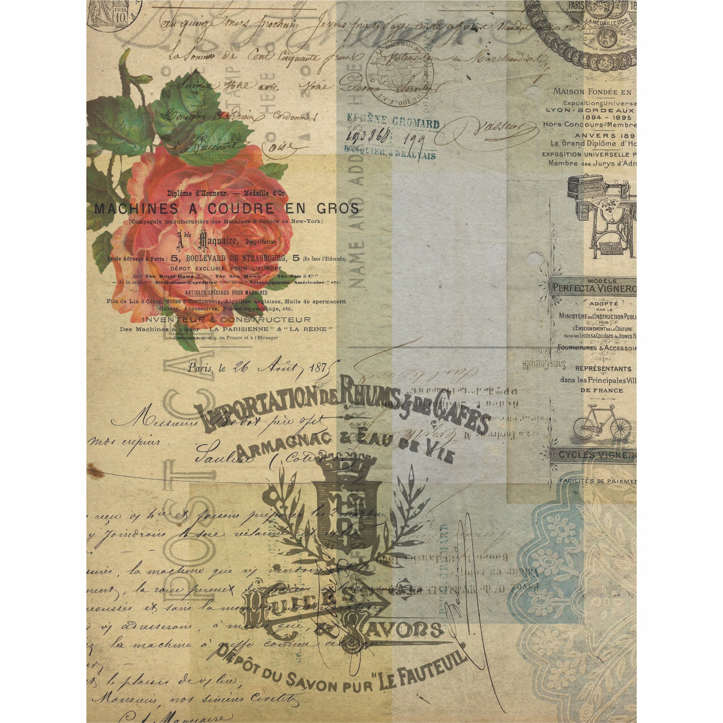 Ephemera Theme Rice Paper- 6 Unique Printed Mulberry Paper Images 30gsm