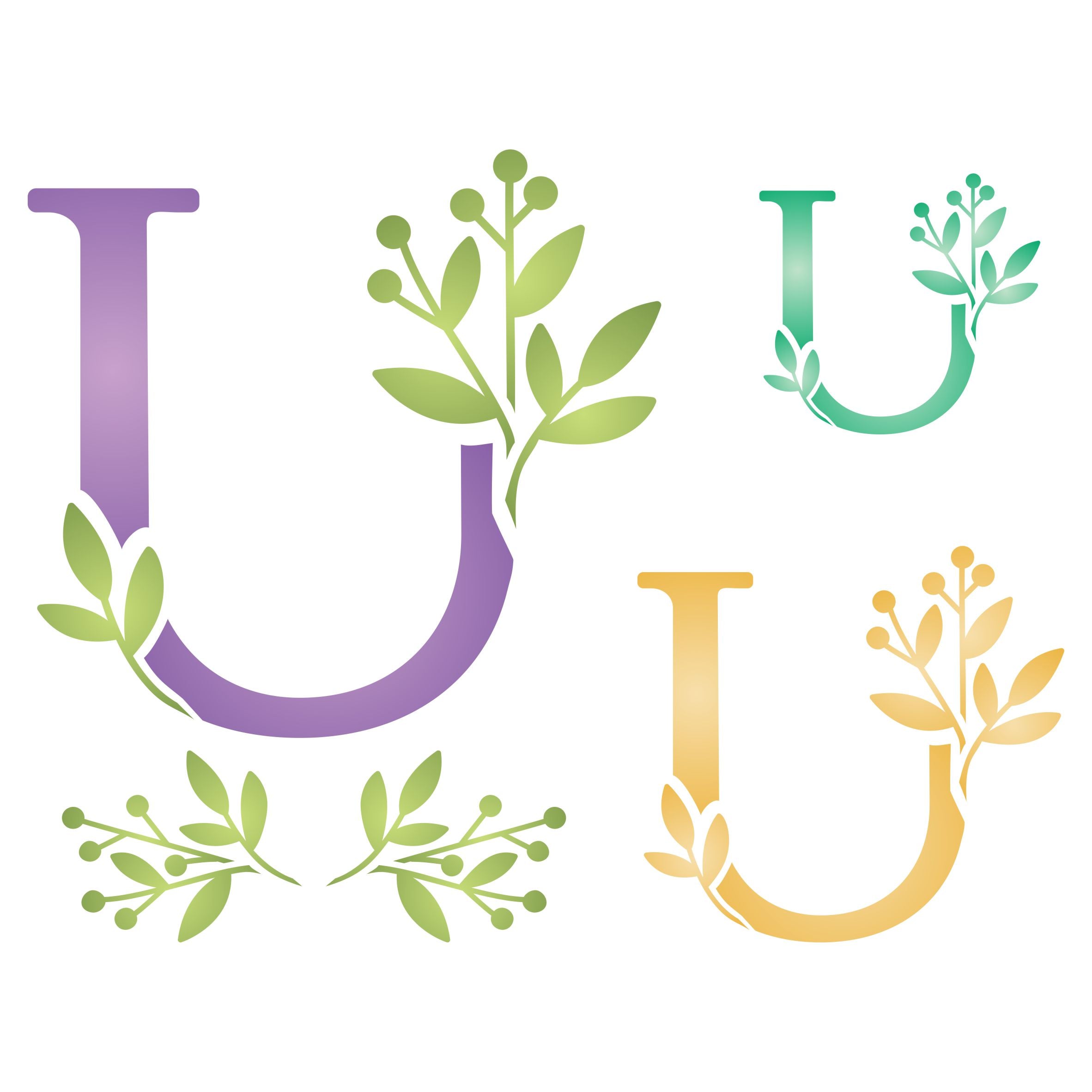 Flower Monogram U Stencil- Leaf Flower Initial 3 Sizes on One Sheet