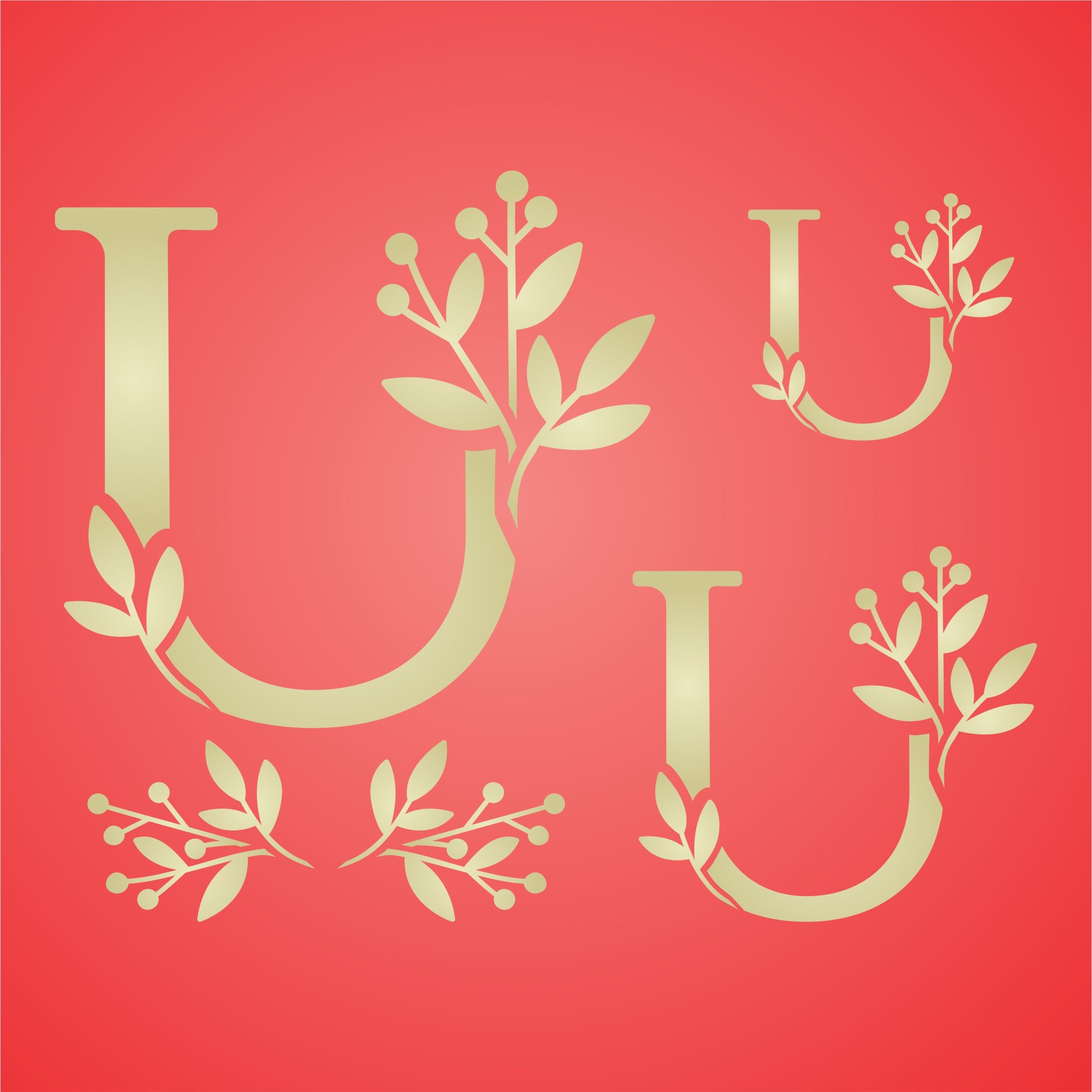 Flower Monogram U Stencil- Leaf Flower Initial 3 Sizes on One Sheet