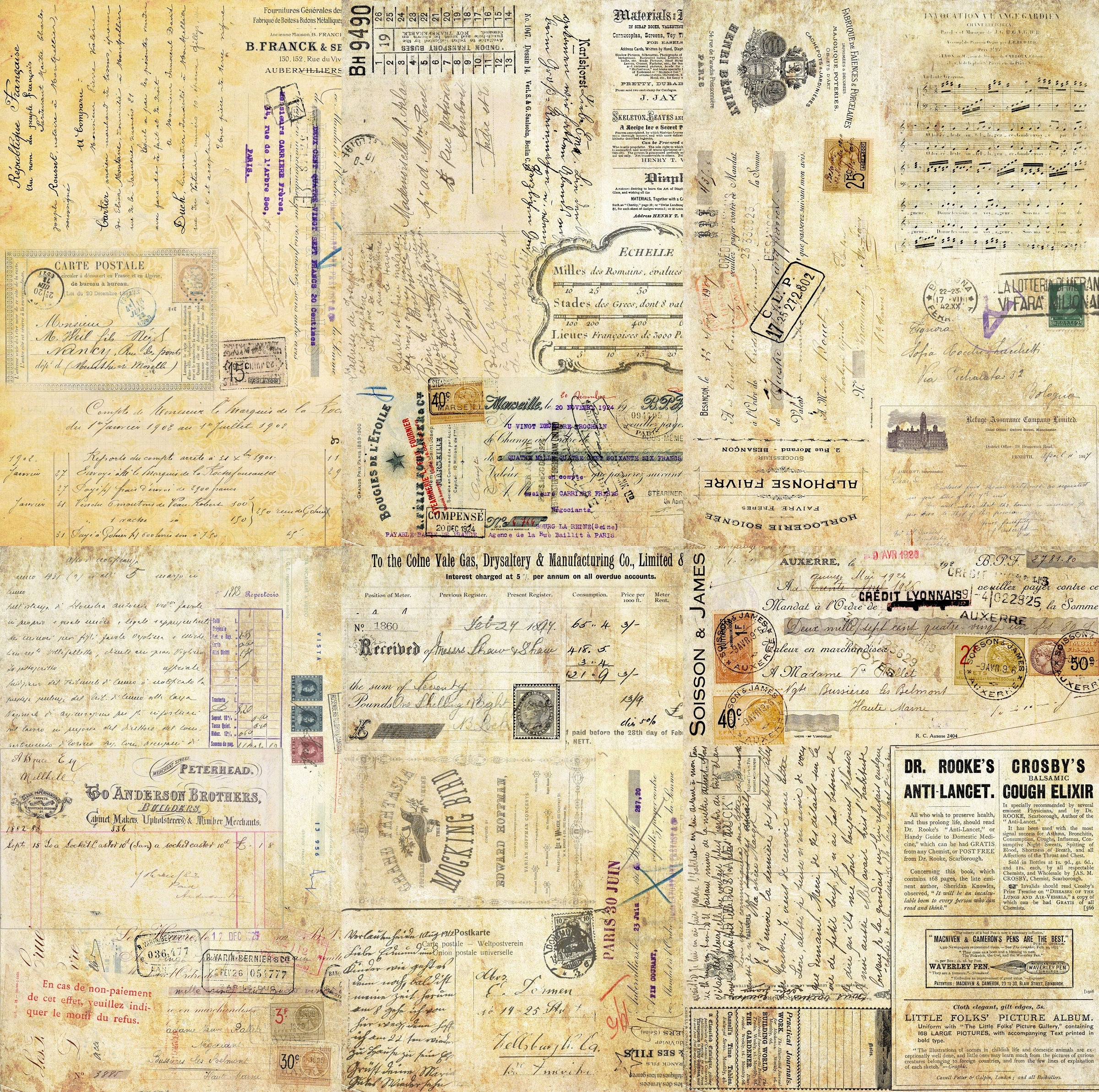 Script Background Rice Paper- 7 x Printed Mulberry Paper Images 30gsm