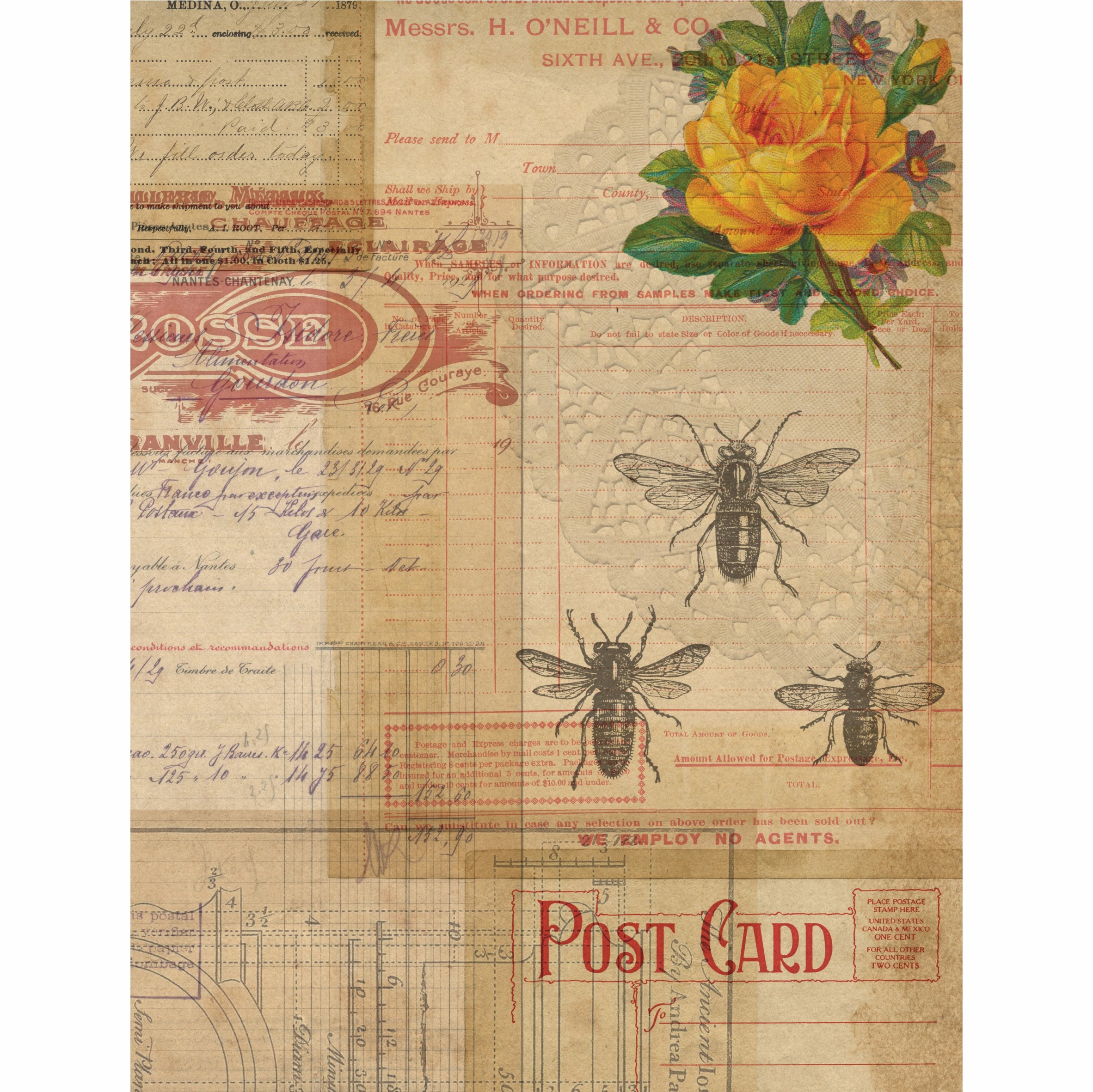 Ephemera Theme Rice Paper- 6 Unique Printed Mulberry Paper Images 30gsm