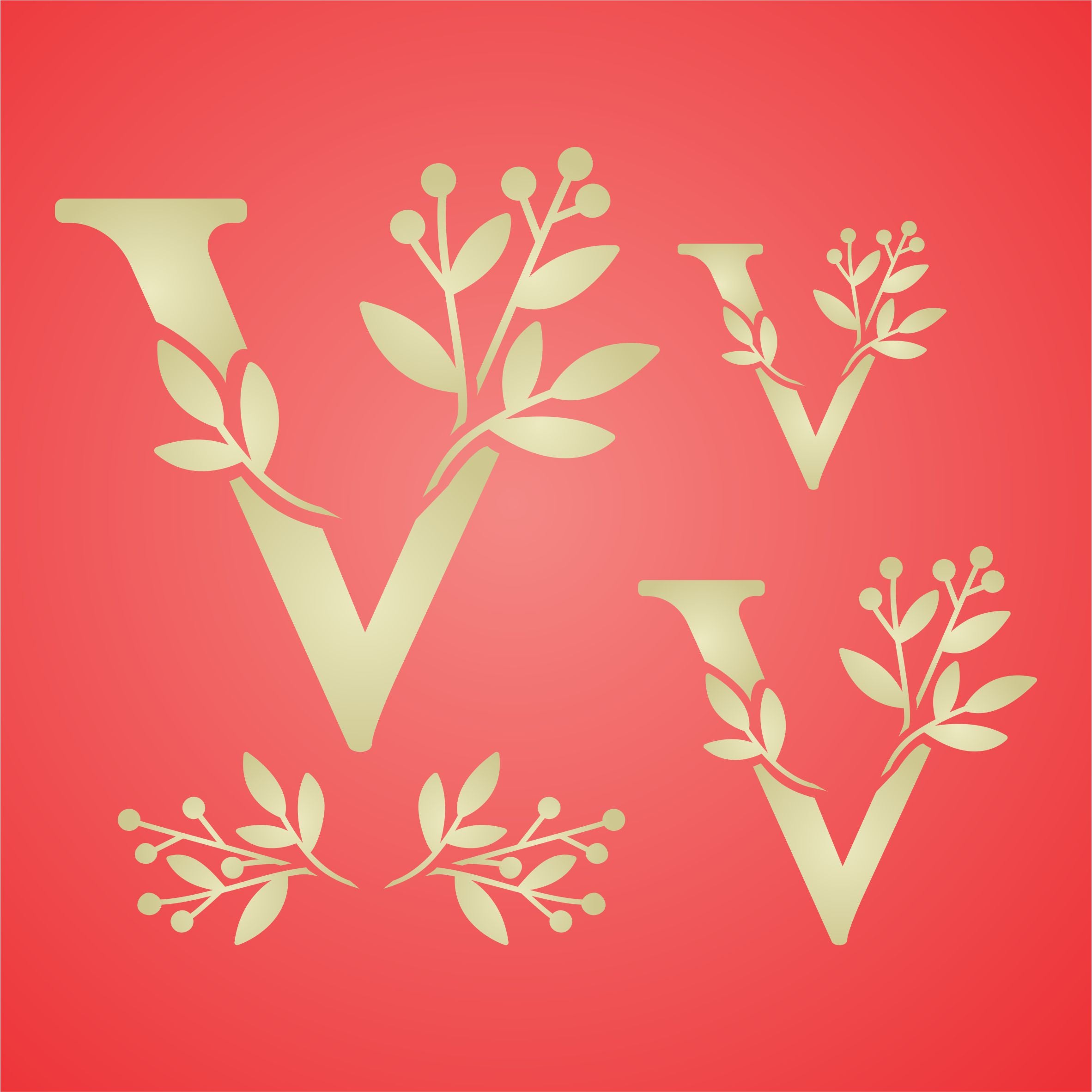 Flower Monogram V Stencil- Leaf Flower Initial 3 Sizes on One Sheet