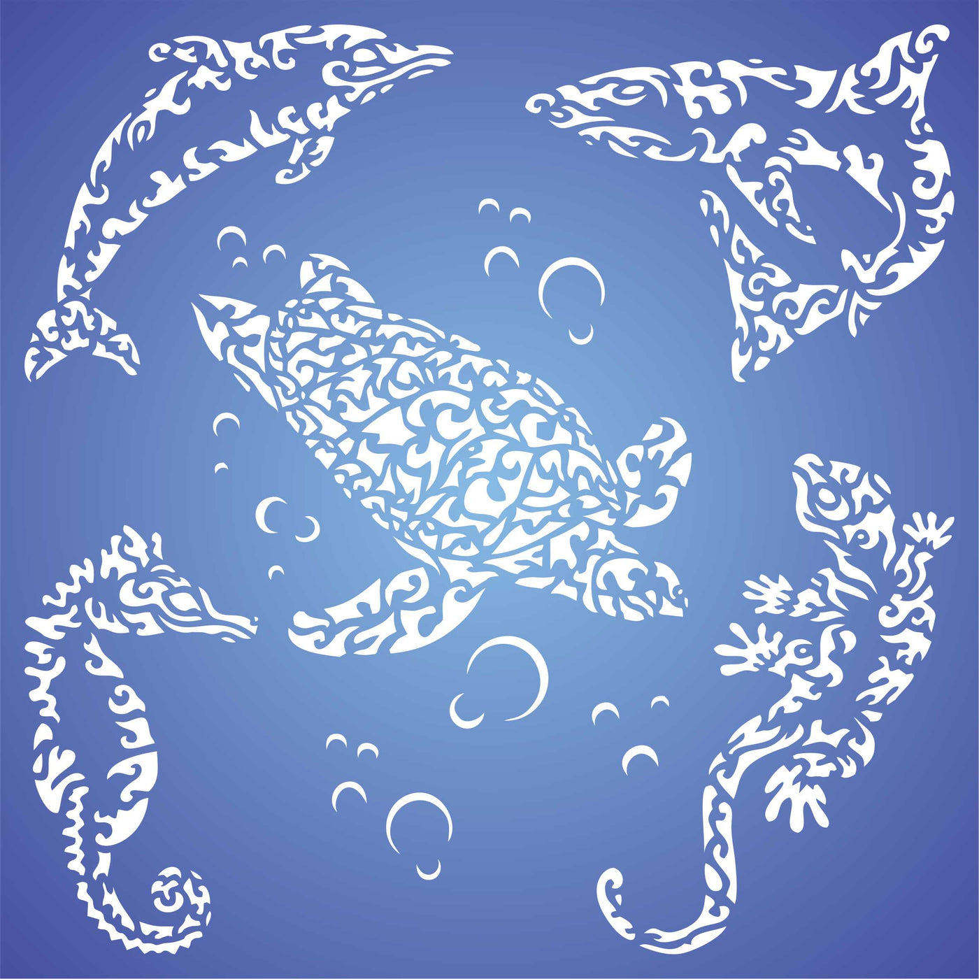 Sea Creatures Stencil - Tribal Fish Lizard Gekko Dolphin Shark Seahorse Turtle