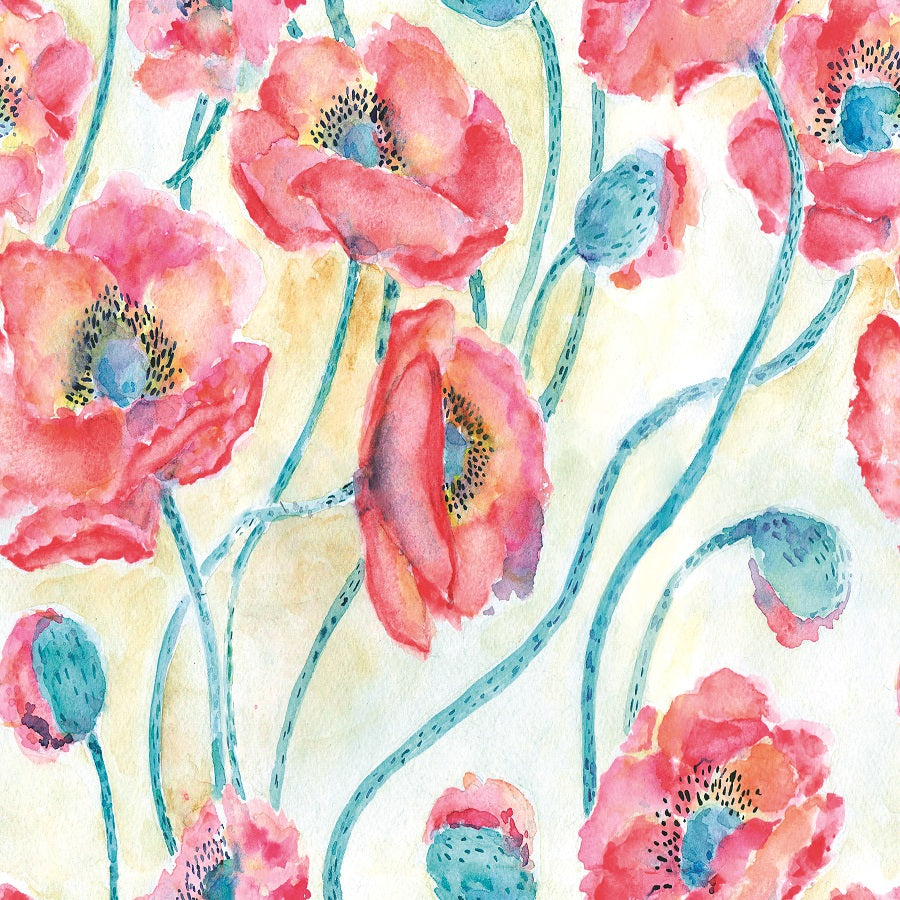 Watercolor Poppies Rice Paper- 4 Sheets Seamless Printed Mulberry Paper 36gsm