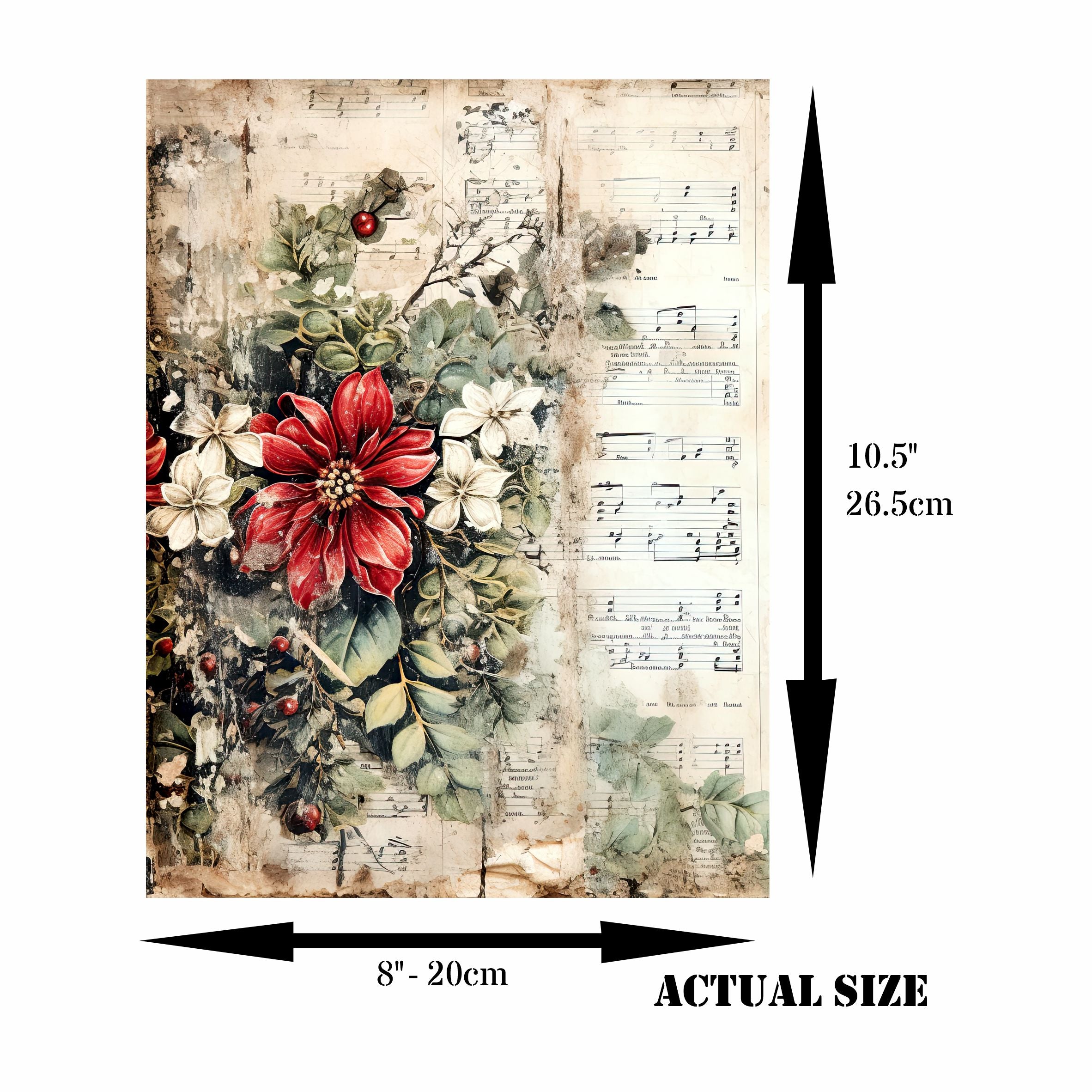 Vintage Poinsettia Rice Paper- 6 Unique Printed Mulberry Paper Pages 30gsm