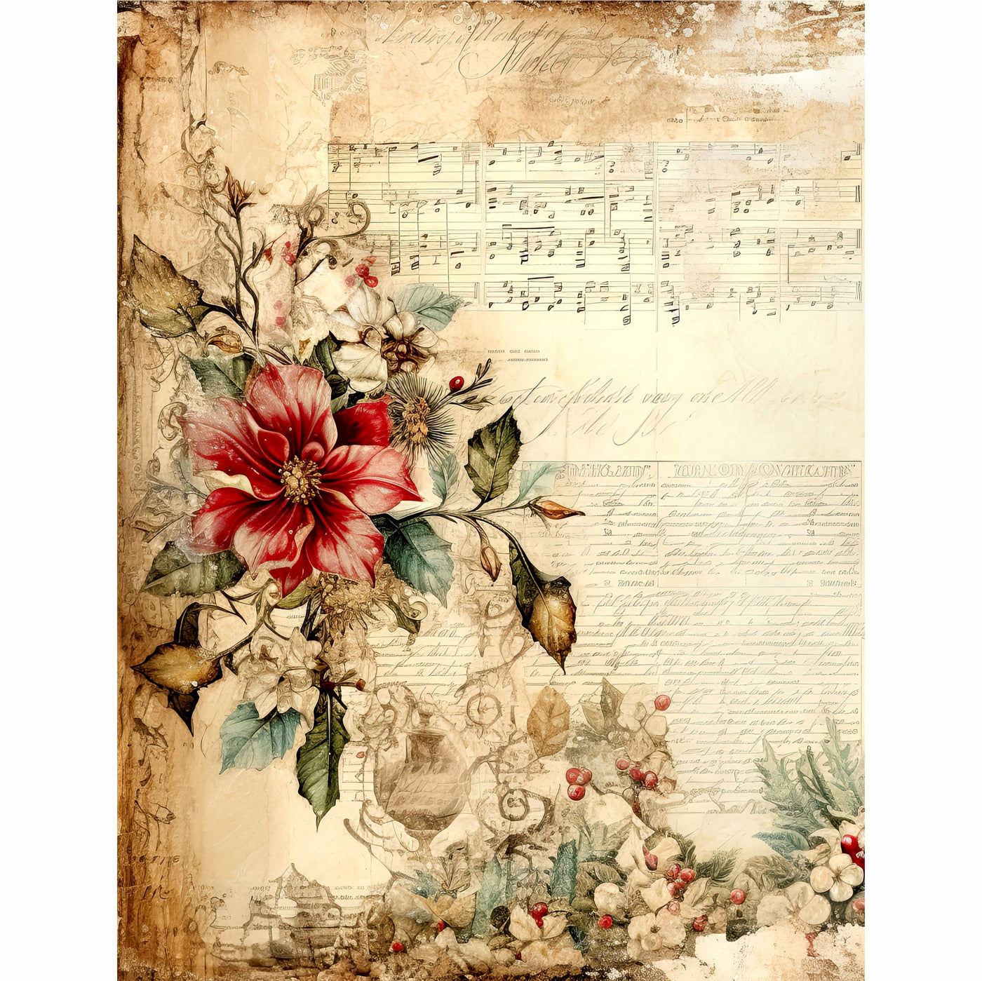 Vintage Poinsettia Rice Paper- 6 Unique Printed Mulberry Paper Pages 30gsm