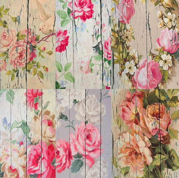 Floral Wood Theme Rice Paper- 6 Unique Printed Mulberry Paper Images 30gsm