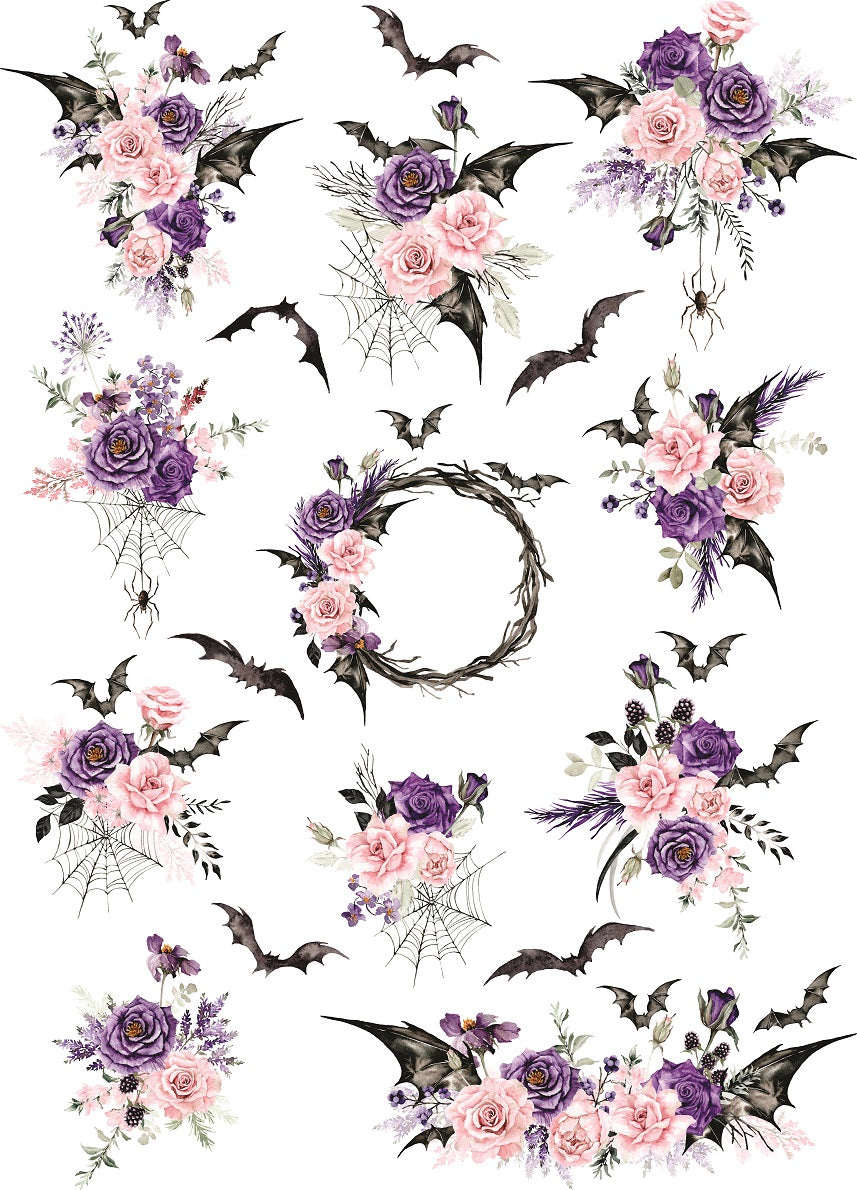 Pink n Purple Halloween Rice Paper- 12 Unique Bouquet Images Printed on 36gsm