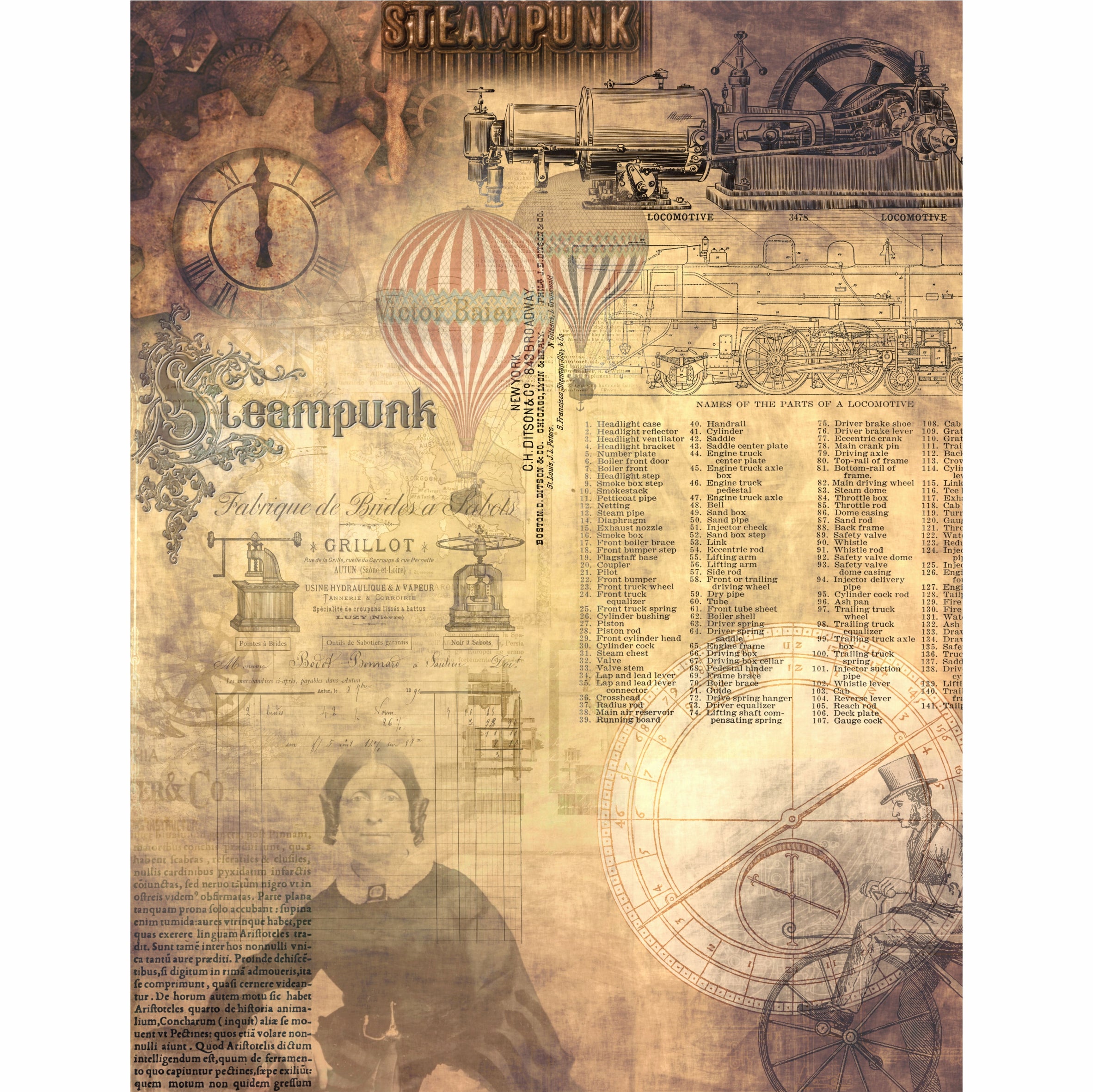 Steampunk Mix Rice Paper- 6 x Different Printed Mulberry Paper Images 30gsm