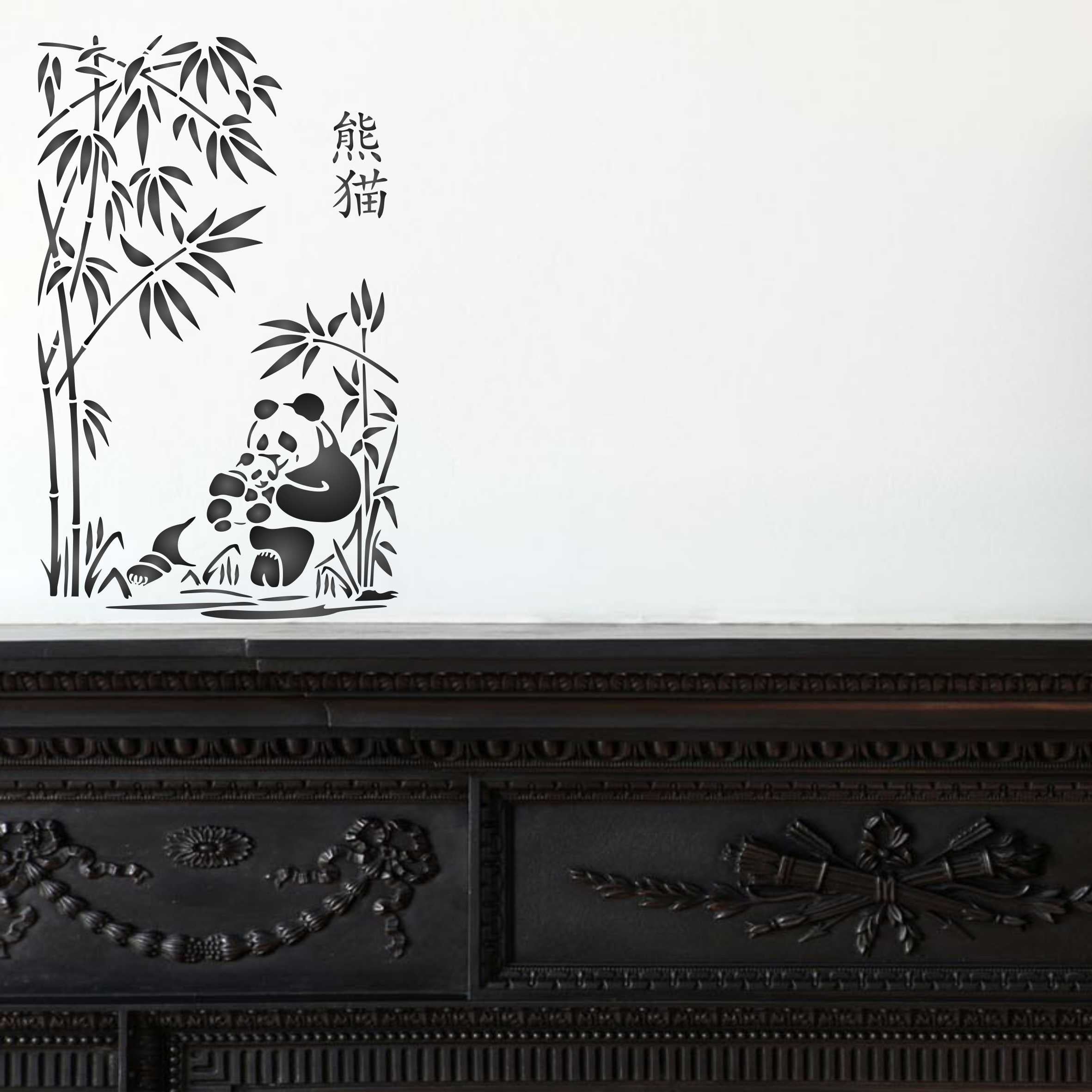 Panda Stencil - Asian Panda Mother and Baby with Bamboo