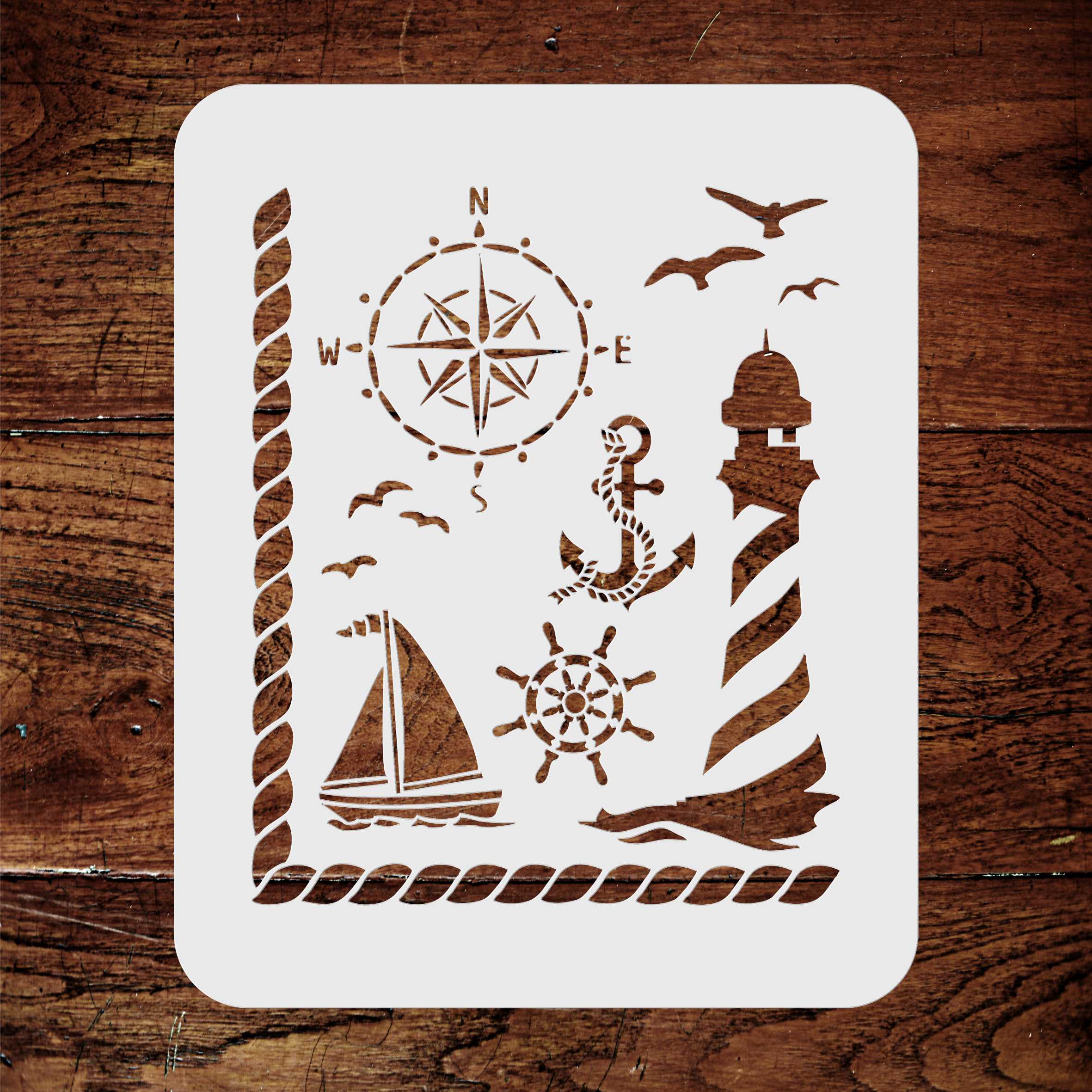 Nautical Stencil - Ocean Birds Lighthouse Compass Ships Wheel Boat Anchor