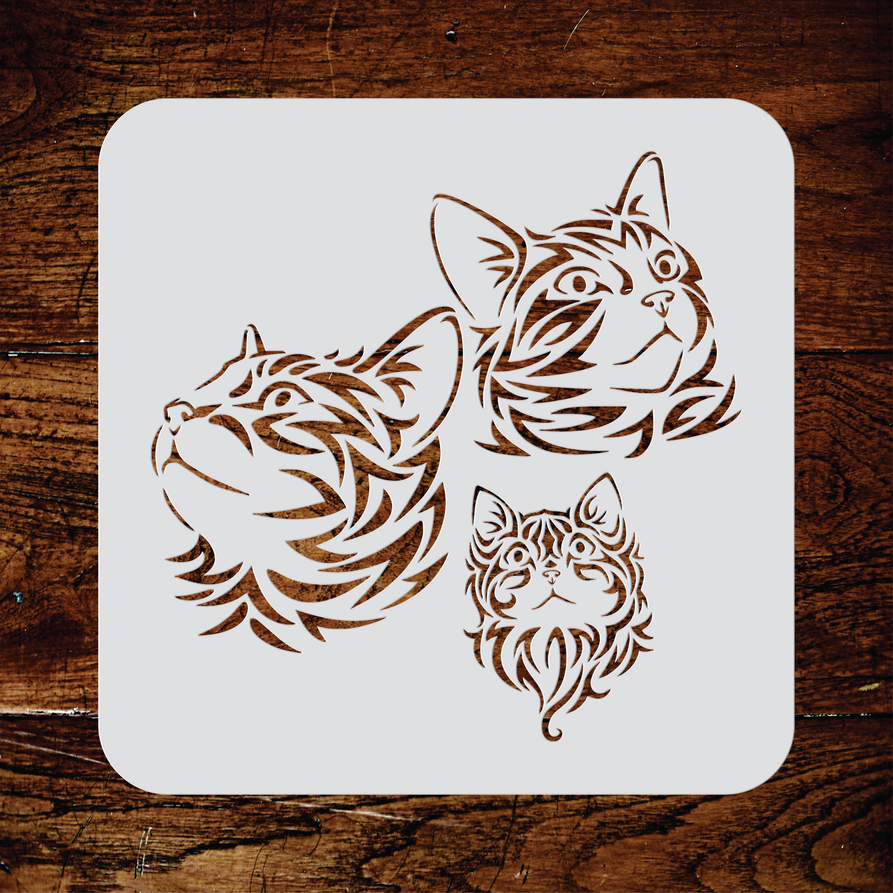 Cat Family Stencil - Pet Animal Kitten Feline Heads Mural