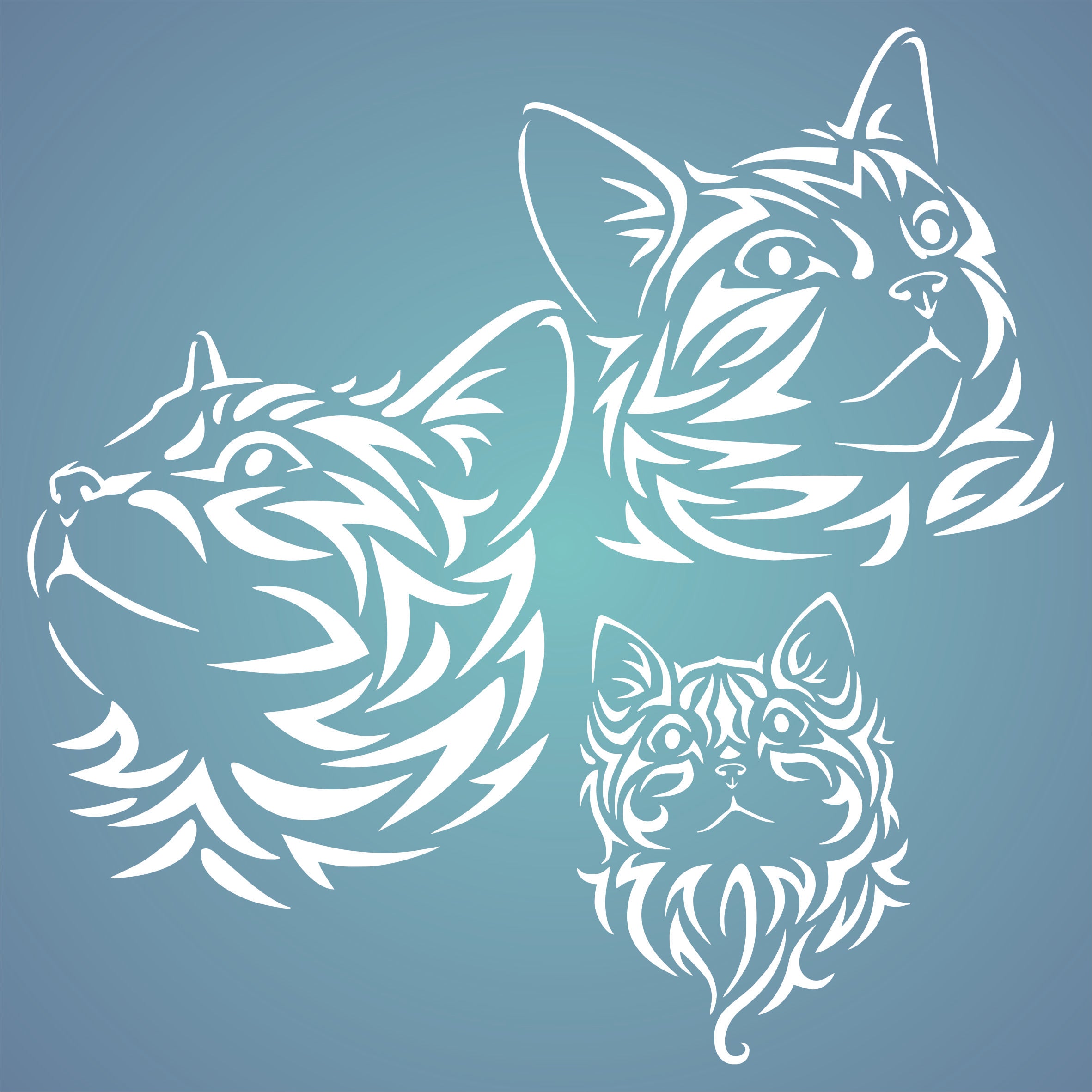 Cat Family Stencil - Pet Animal Kitten Feline Heads Mural