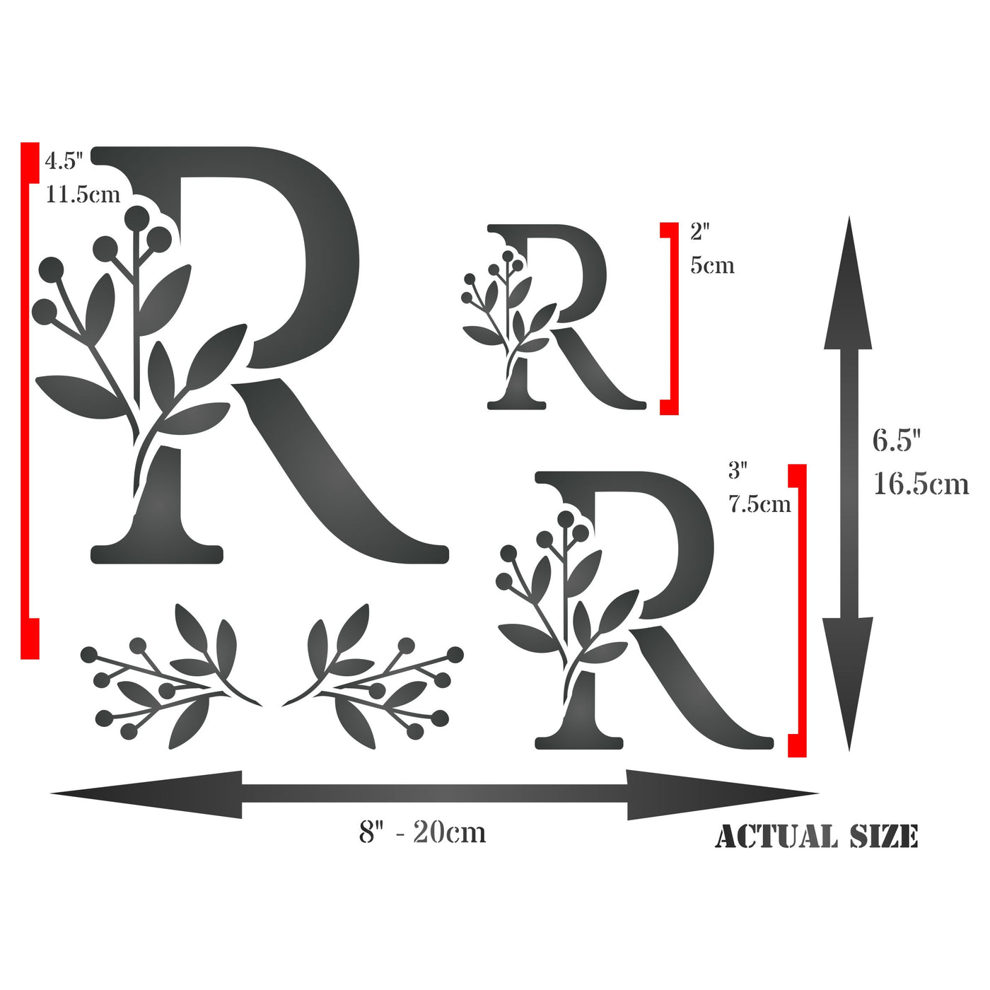 Flower Monogram R Stencil- Leaf Flower Initial 3 Sizes on One Sheet