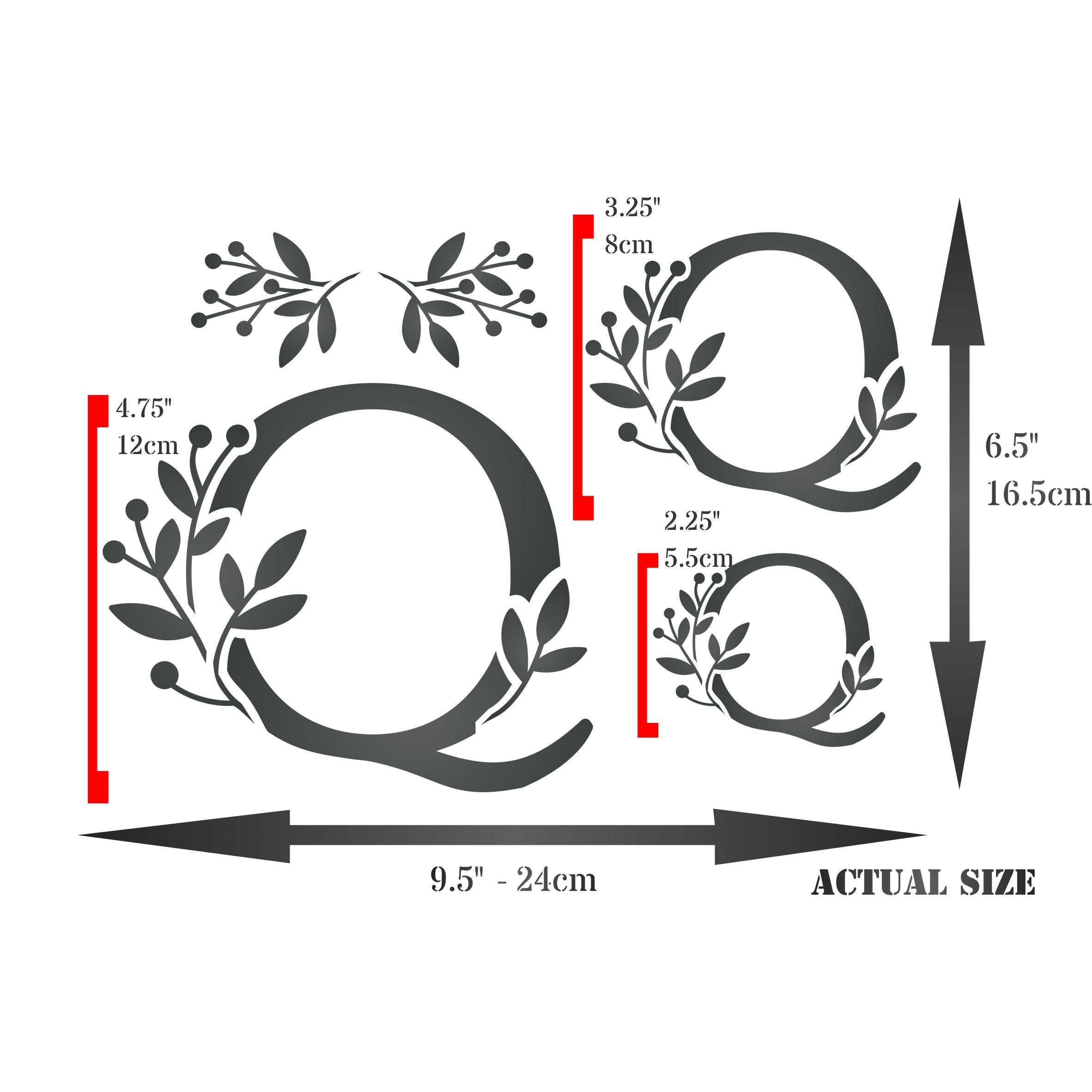 Flower Monogram Q Stencil- Leaf Flower Initial 3 Sizes on One Sheet