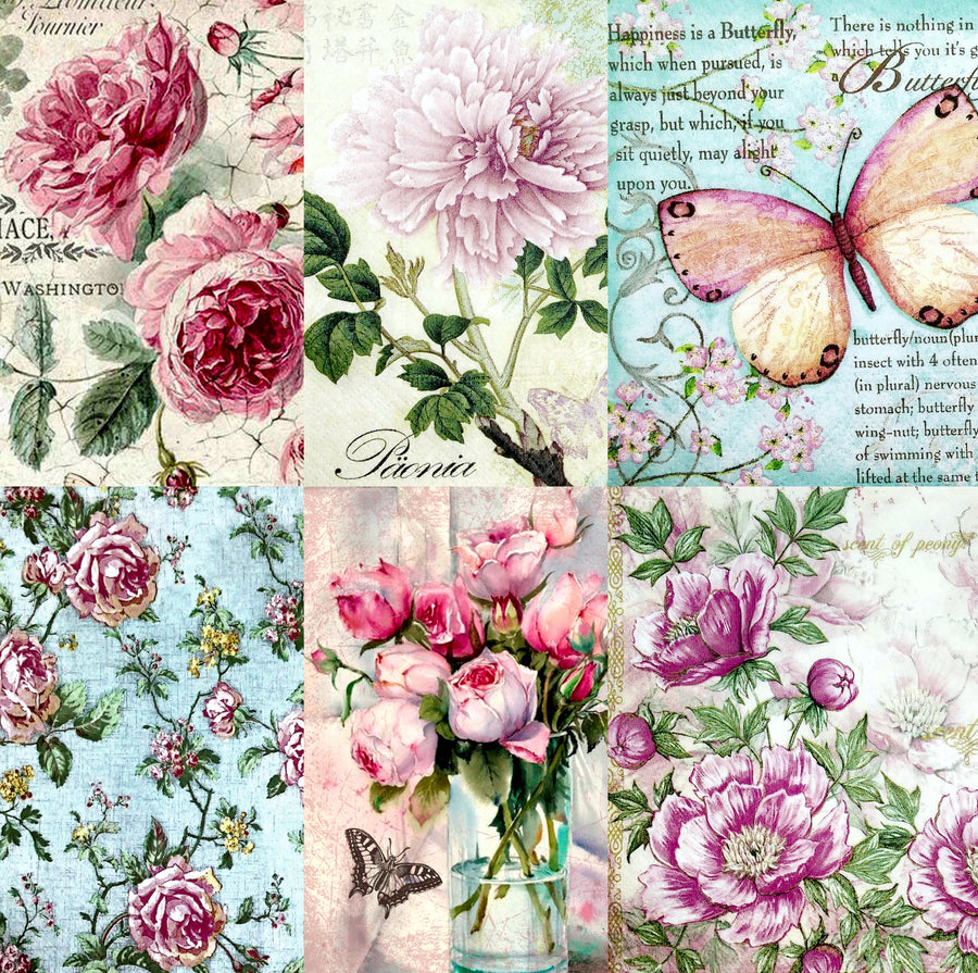 Vintage Flower Theme Rice Paper- 6 x Printed Mulberry Paper Images 30gsm