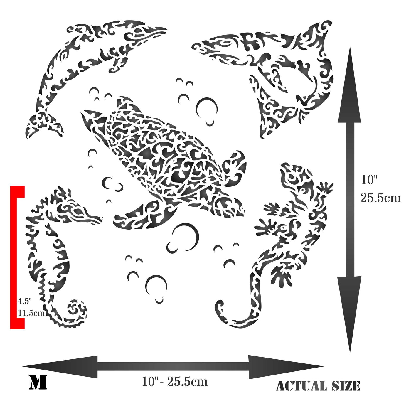 Sea Creatures Stencil - Tribal Fish Lizard Gekko Dolphin Shark Seahorse Turtle