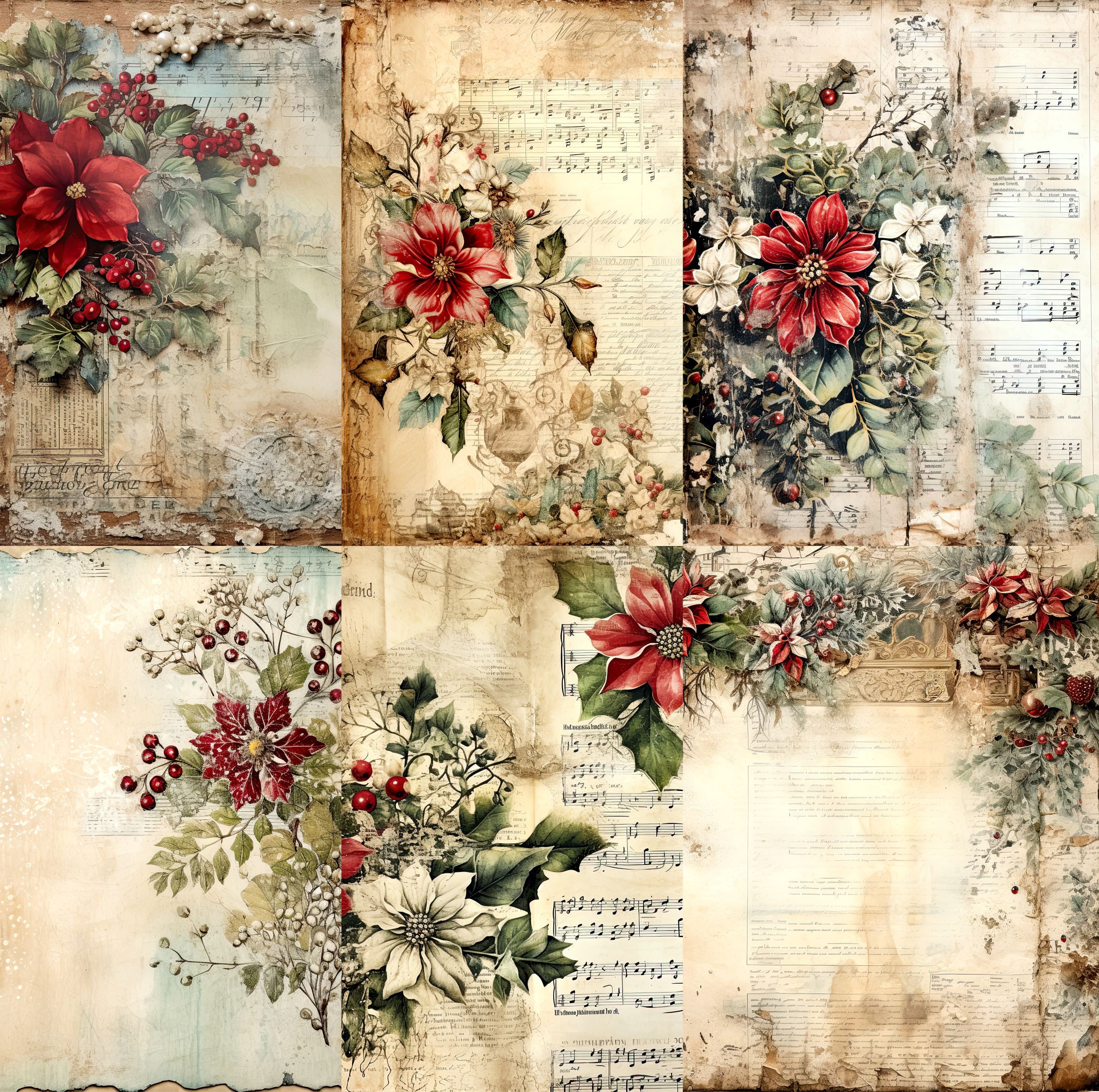 Vintage Poinsettia Rice Paper- 6 Unique Printed Mulberry Paper Pages 30gsm