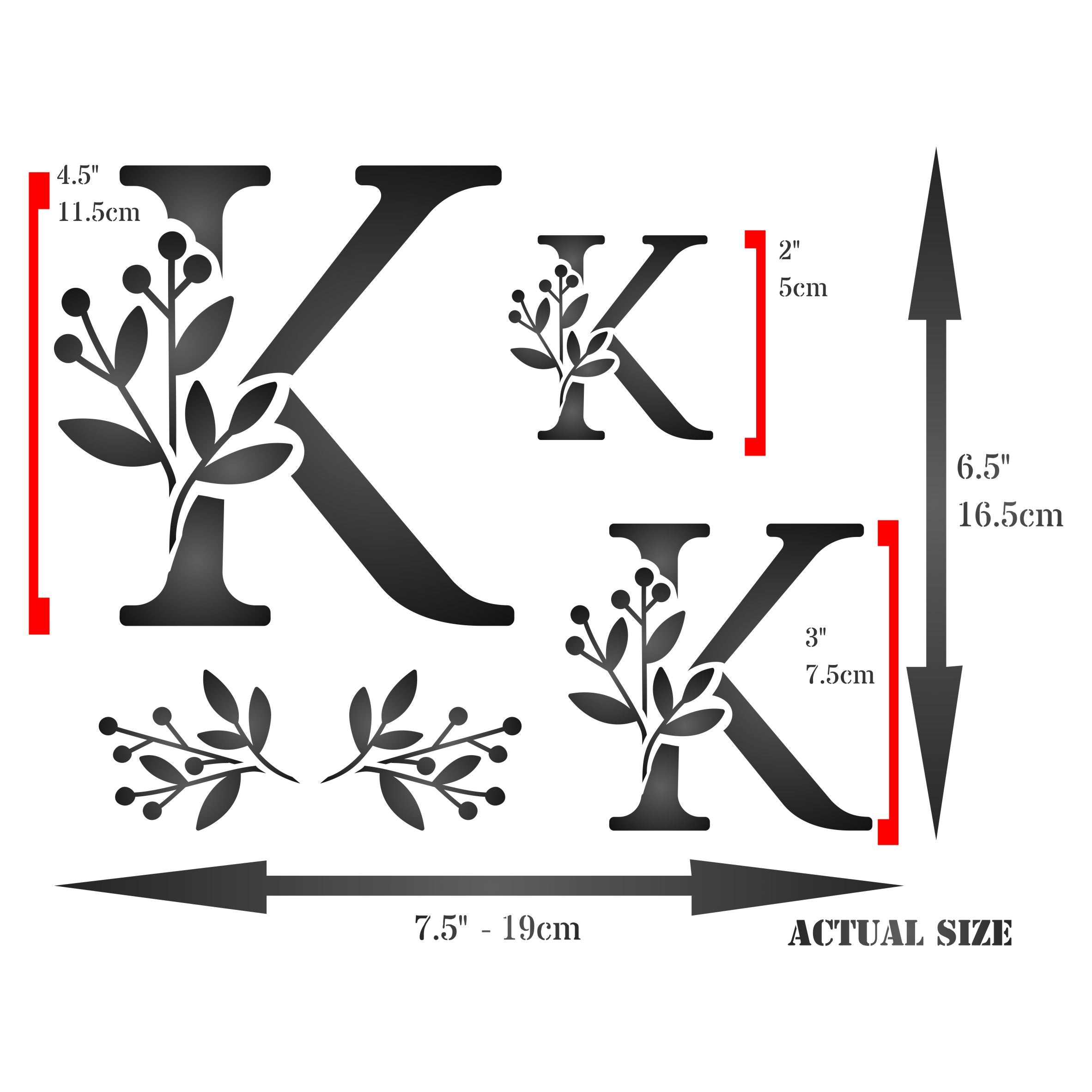 Flower Monogram K Stencil- Leaf Flower Initial 3 Sizes on One Sheet