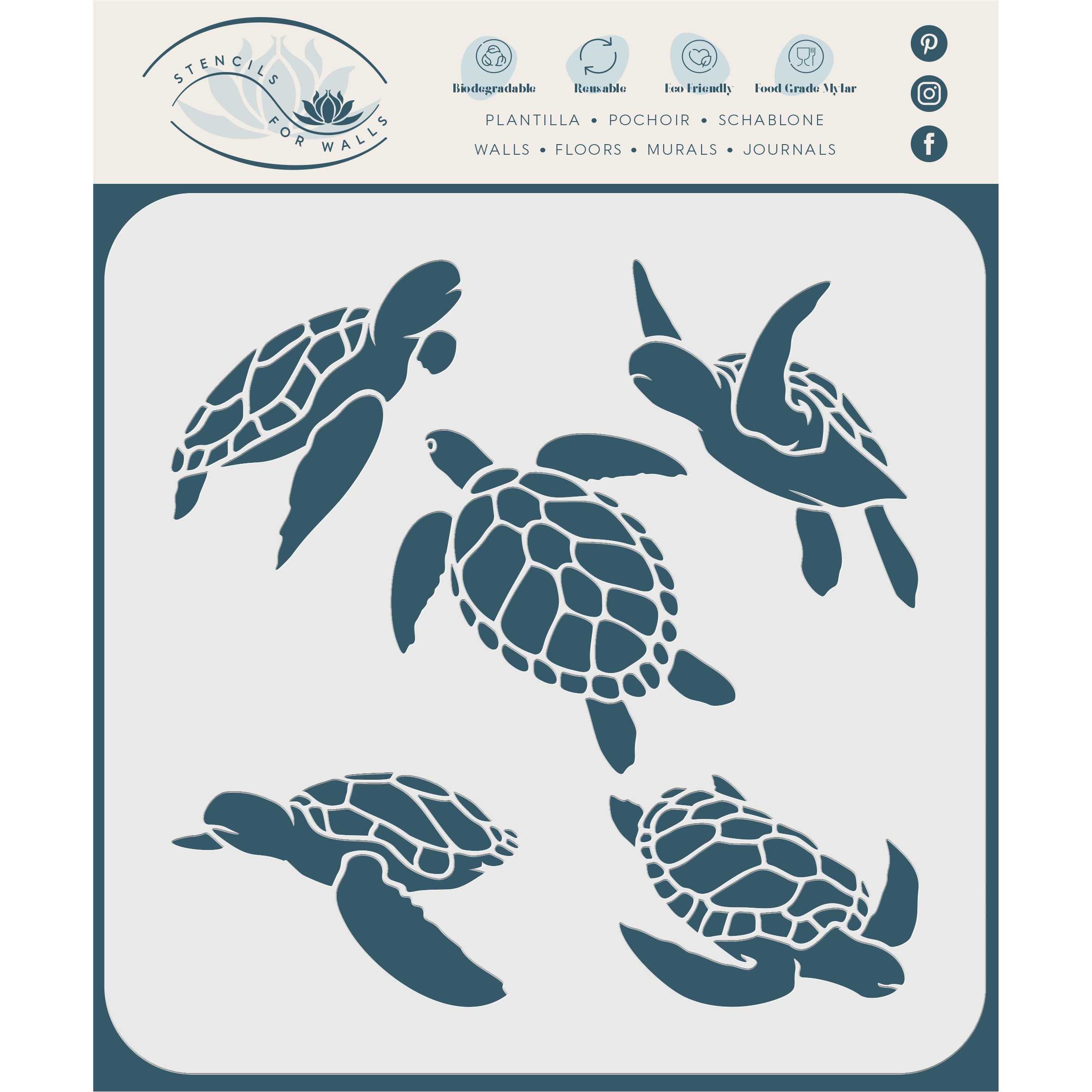 Turtles Stencil - Sea Ocean Nautical Seashore Reef Endangered