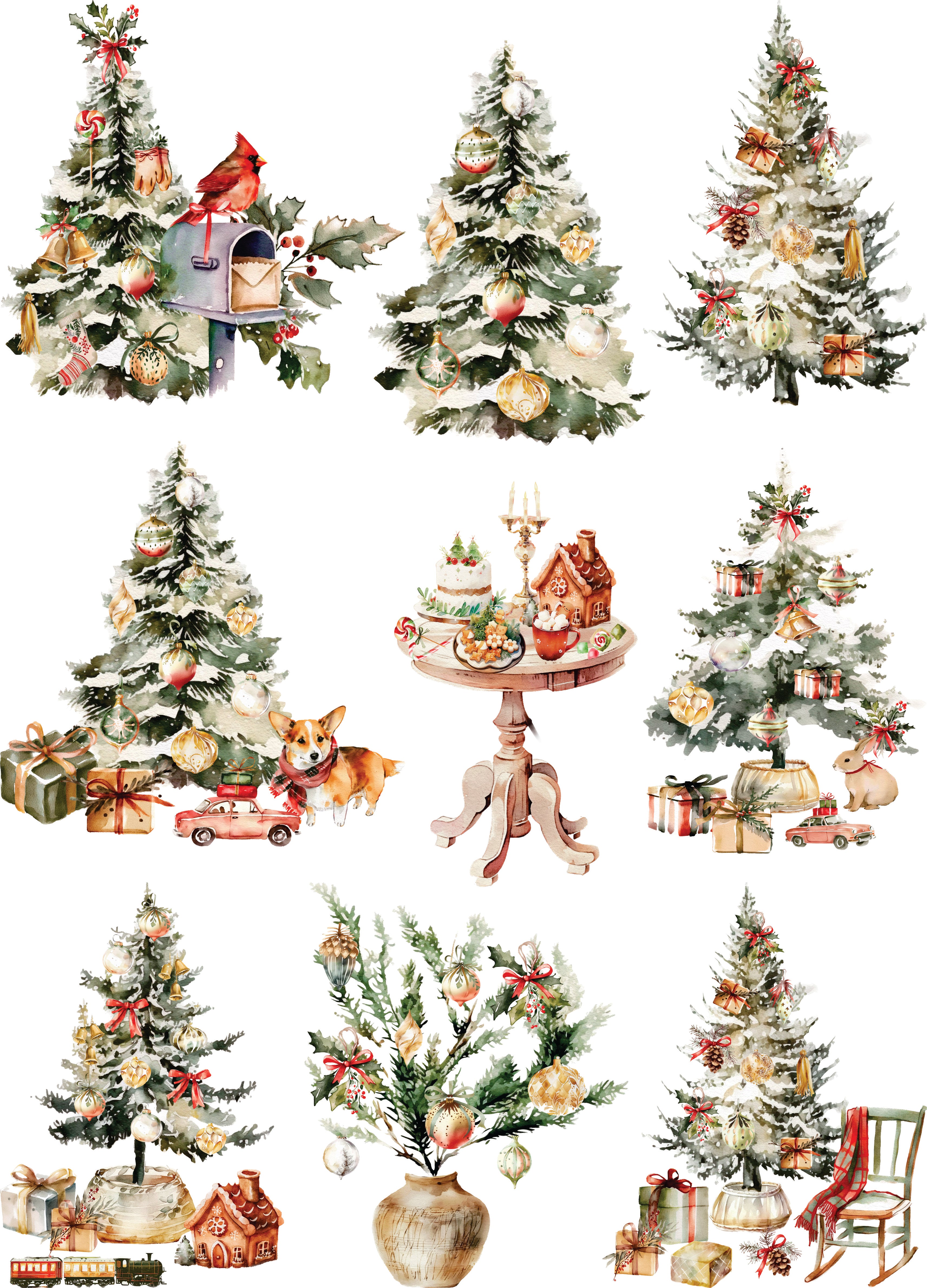 Christmas Trees Rice Paper- 9 Christmas Tree Card Images Printed on 36gsm