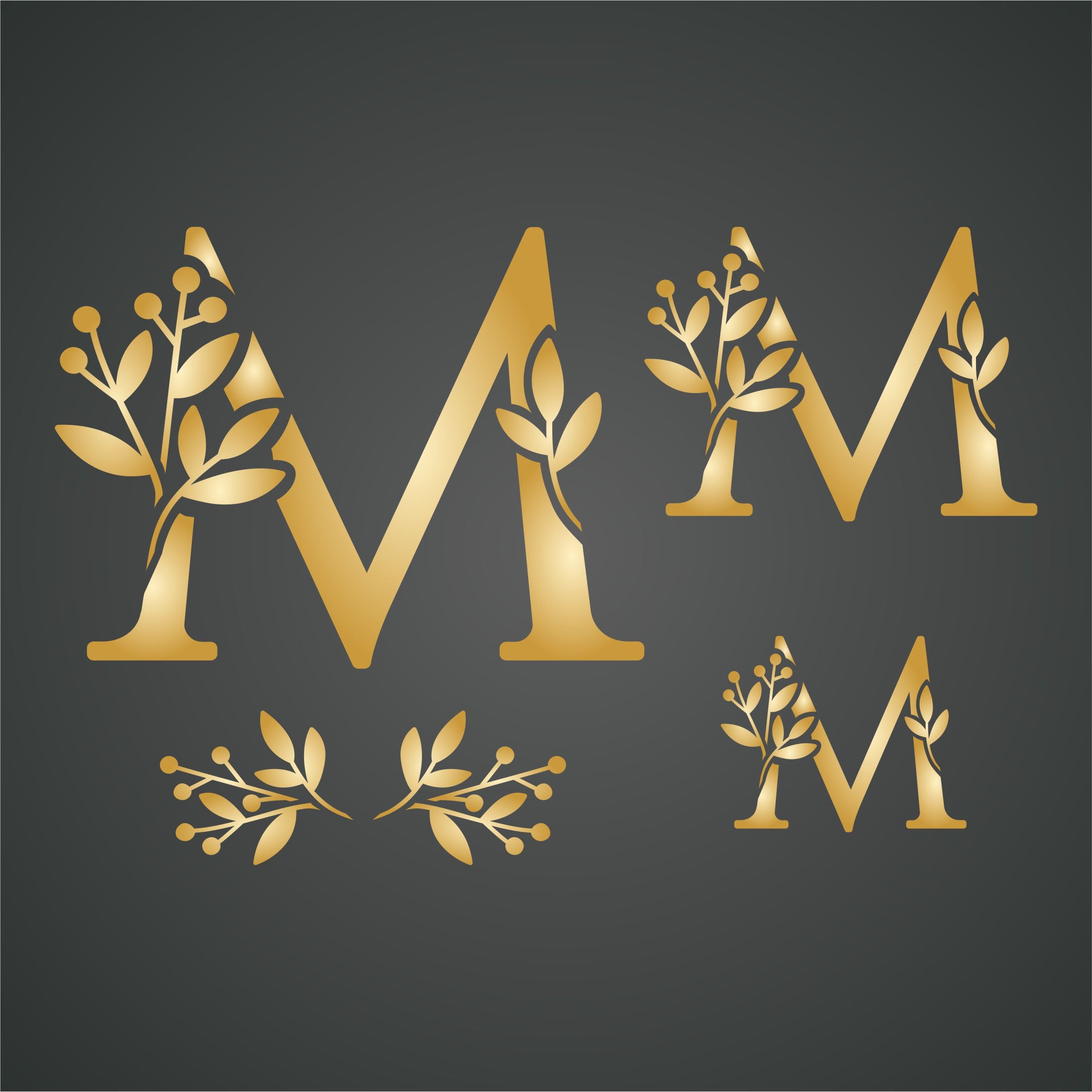 Flower Monogram M Stencil- Leaf Flower Initial 3 Sizes on One Sheet