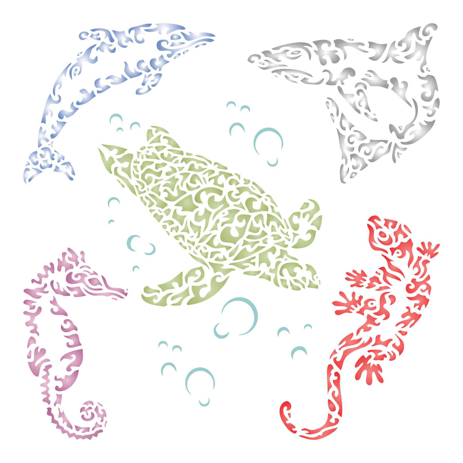 Sea Creatures Stencil - Tribal Fish Lizard Gekko Dolphin Shark Seahorse Turtle