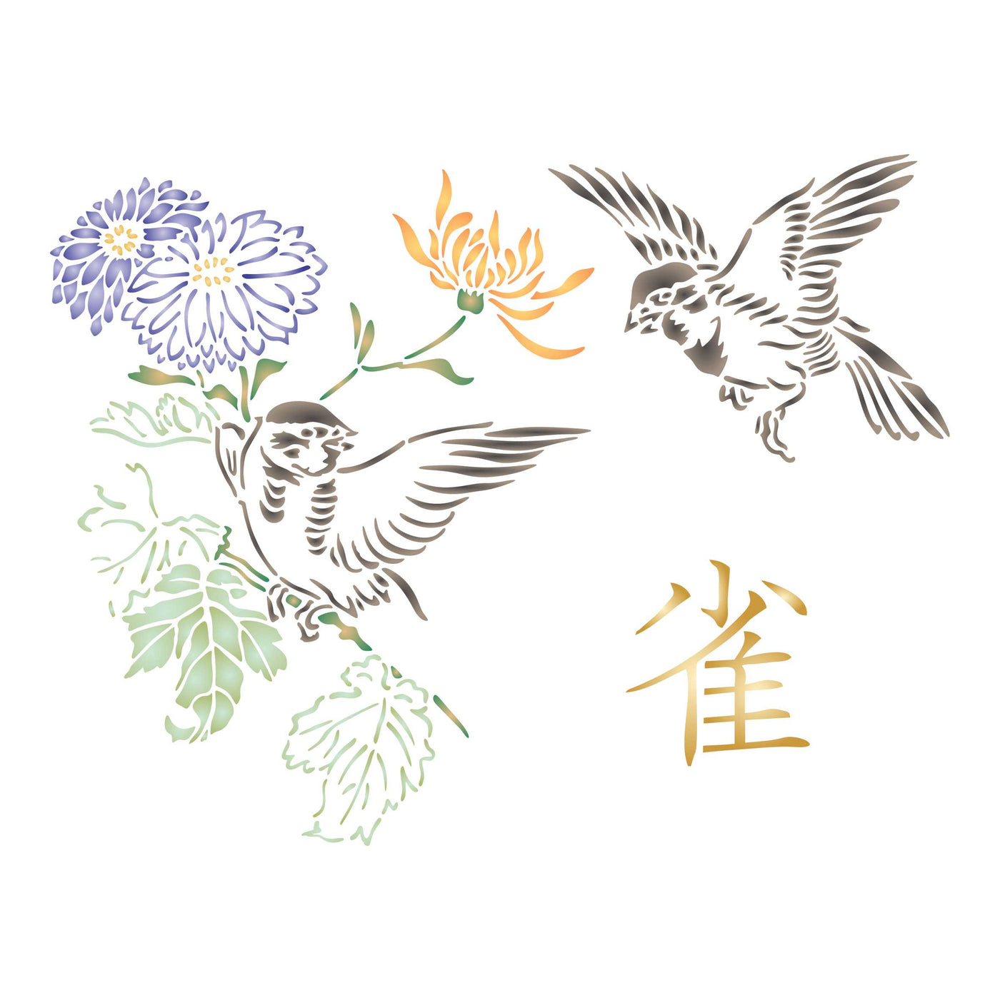 Squabbling Sparrows Stencil- Asian Oriental Flowers Birds Animal