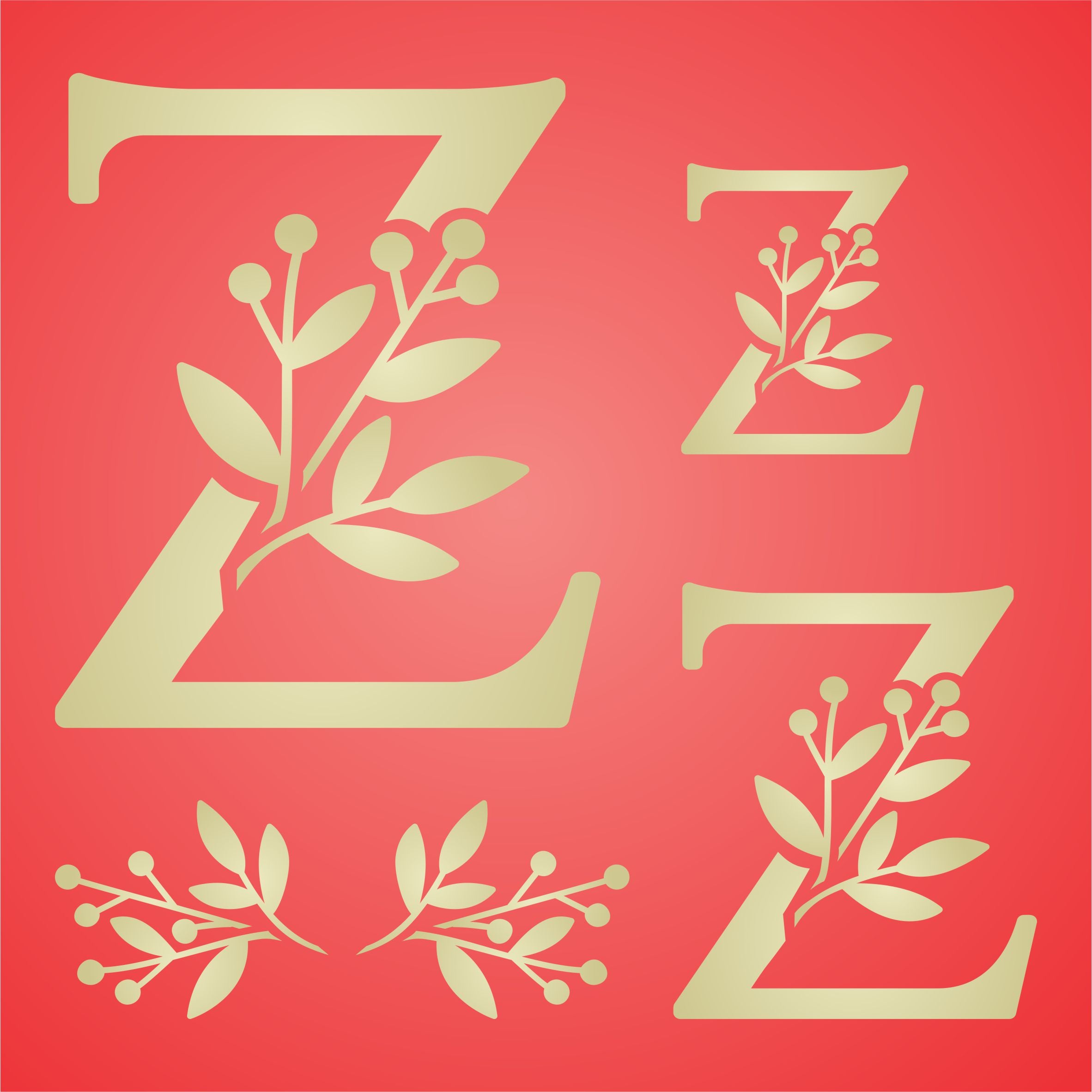 Flower Monogram Z Stencil- Leaf Flower Initial 3 Sizes on One Sheet