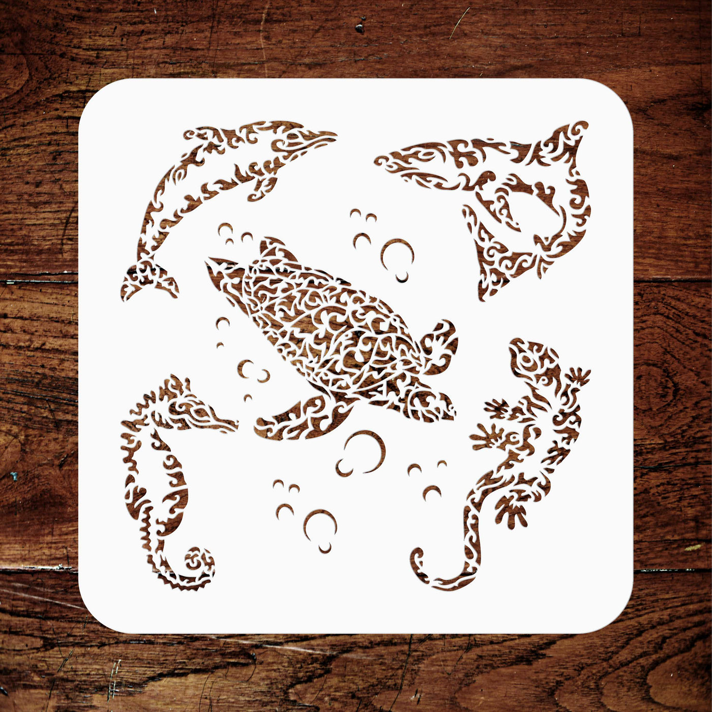 Sea Creatures Stencil - Tribal Fish Lizard Gekko Dolphin Shark Seahorse Turtle