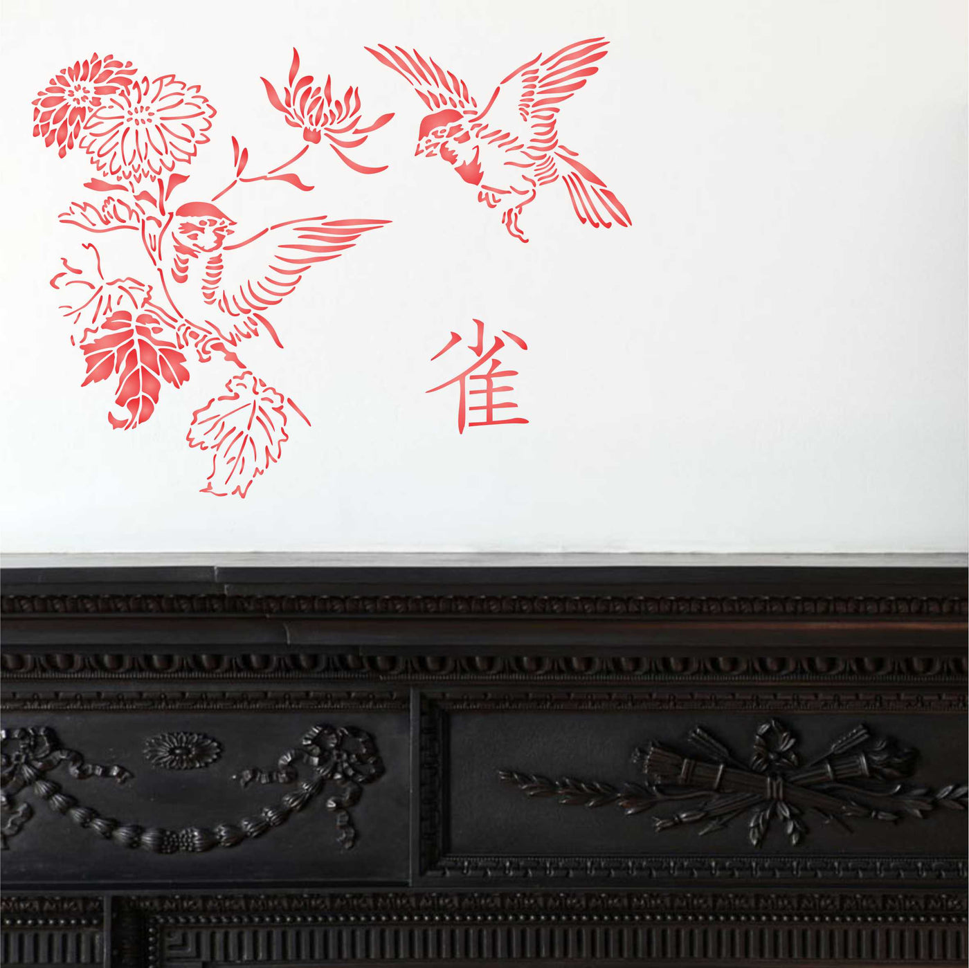 Squabbling Sparrows Stencil- Asian Oriental Flowers Birds Animal