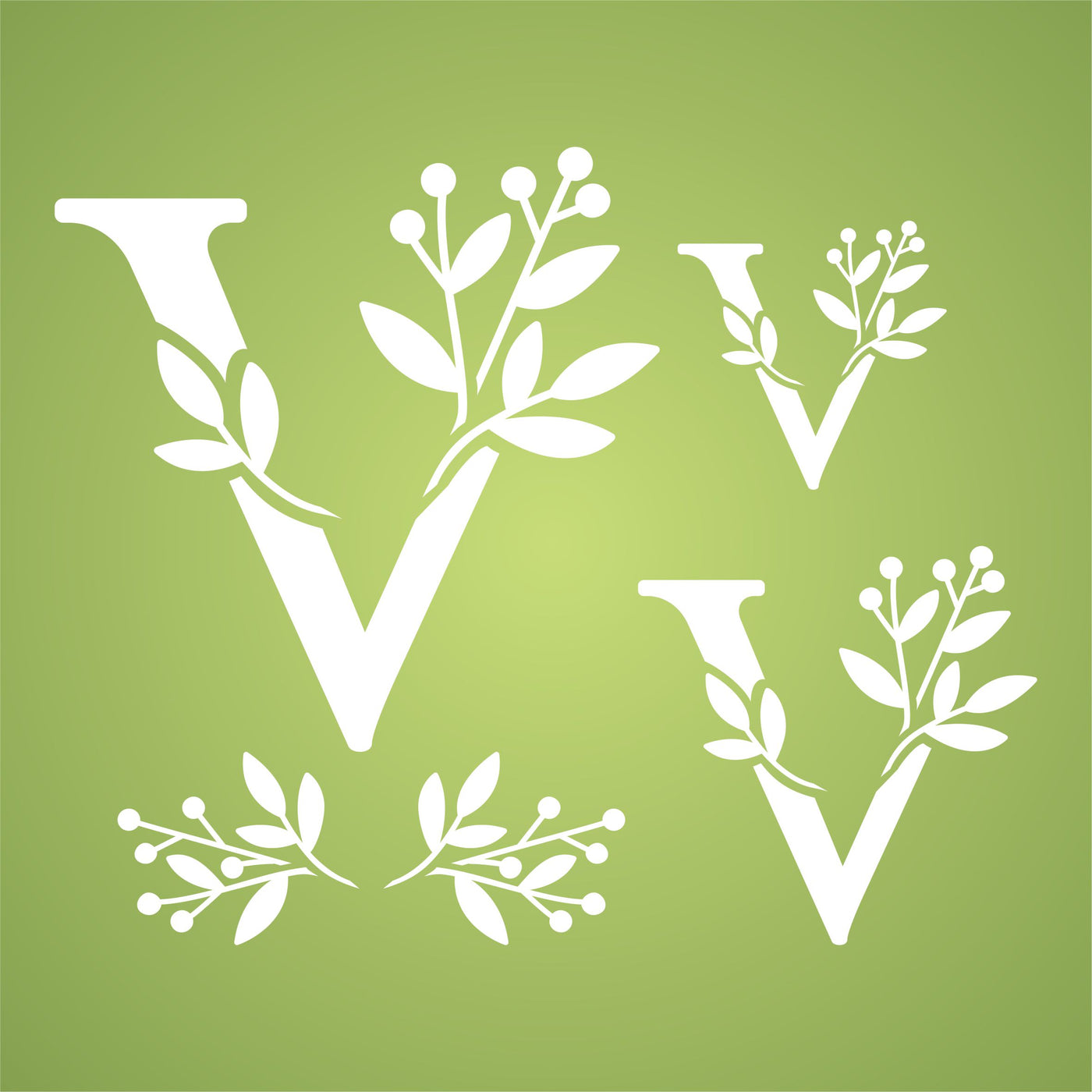 Flower Monogram V Stencil- Leaf Flower Initial 3 Sizes on One Sheet